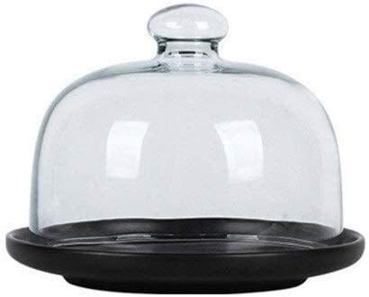 6-inch Ceramic Cake Stand with Glass Dome Cover - Black/White/Blue Dessert Display for Cupcakes, Fruits & Snacks | Perfect for Parties, Tea Time & Home Decor (15x15x12cm)