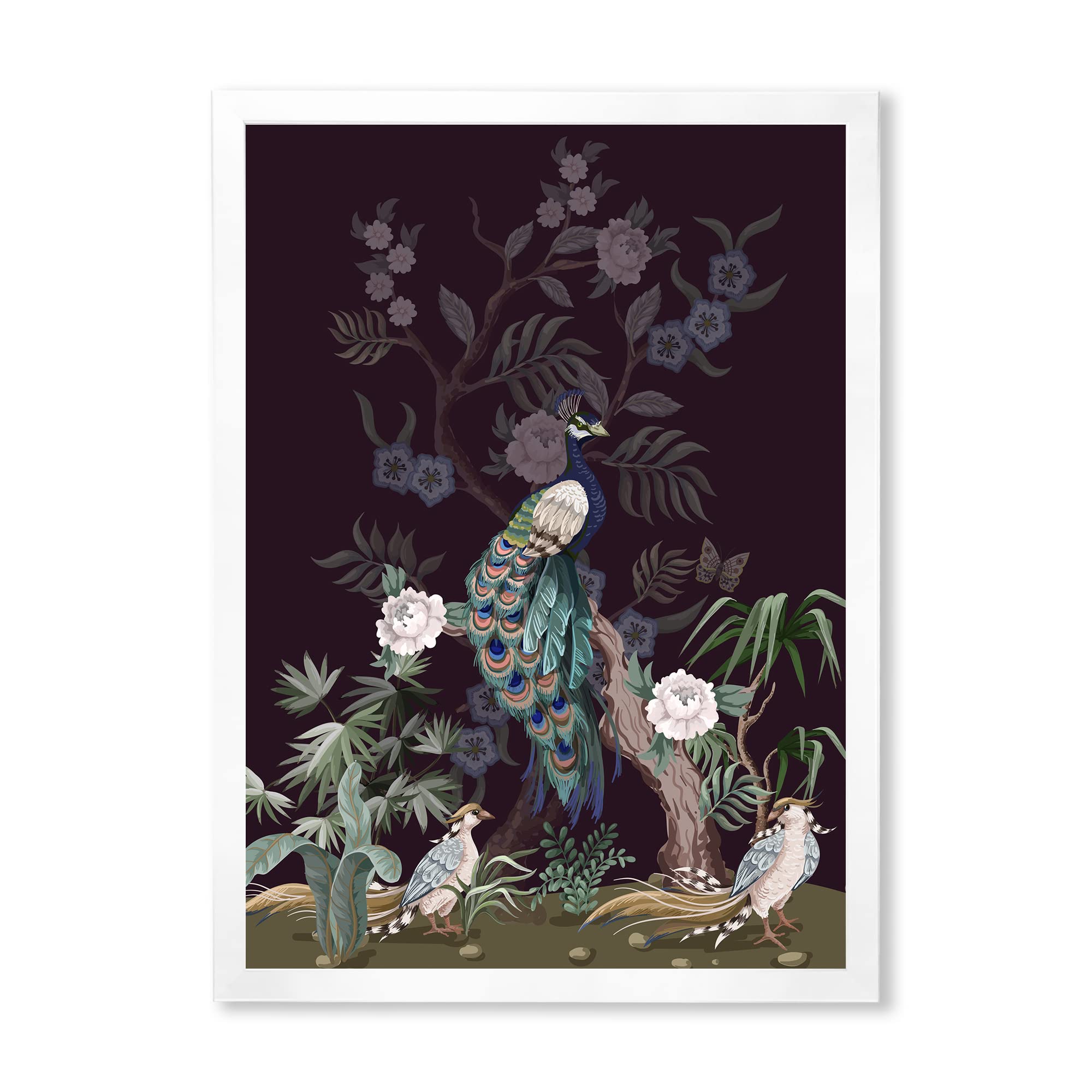 DesignQ Chinoiserie Wall Art with Birds & Peonies - Traditional Framed Canvas Painting for Living Room, Bedroom & Office Decor