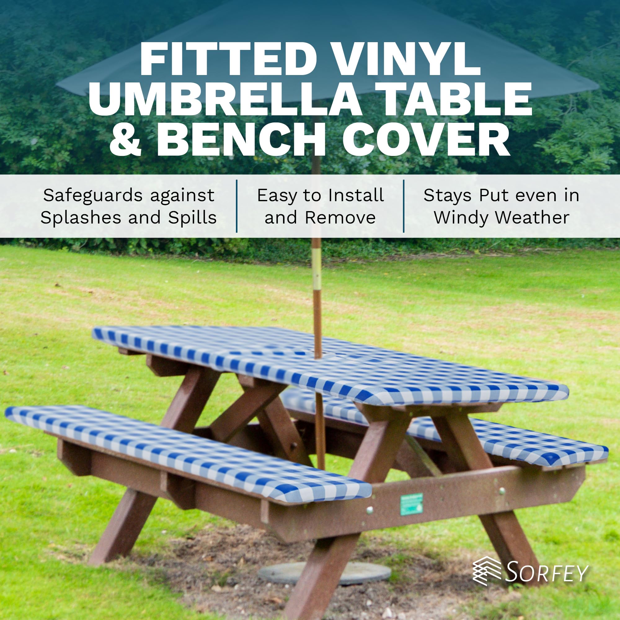 Sorfey 30x72 Inch Vinyl Umbrella Picnic Table and Bench Set with Checkered Flannel-Backed Tablecloth Cover - 3-Piece Outdoor Dining Set for Patio, Backyard, Camping (Red)
