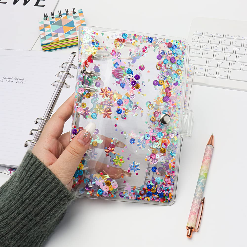 Glitter Quicksand Soft PVC A6 Binder Cover - 6 Ring Planner Protector with Snap Button Closure for Loose Leaf, School, Office & Travel Organization (Pink/Blue) | Perfect for Notebooks, Journals & Document Storage