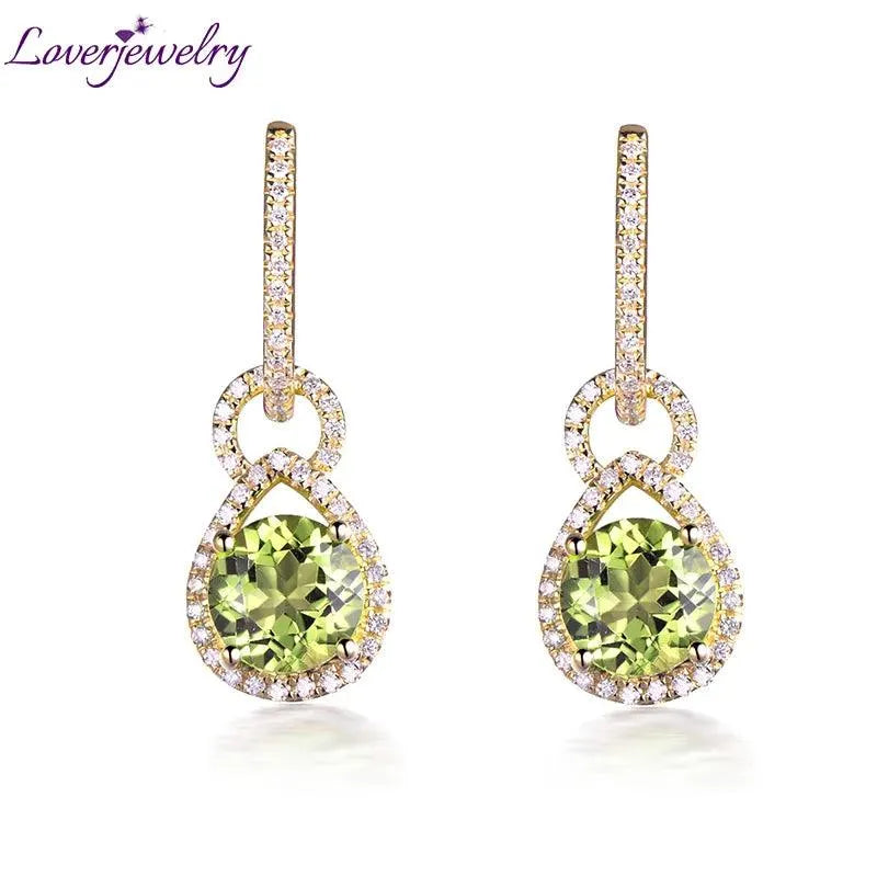 14K Yellow Gold Peridot Drop Earrings with Genuine Diamonds - Elegant Women's Jewelry for Weddings, Parties & Special Occasions