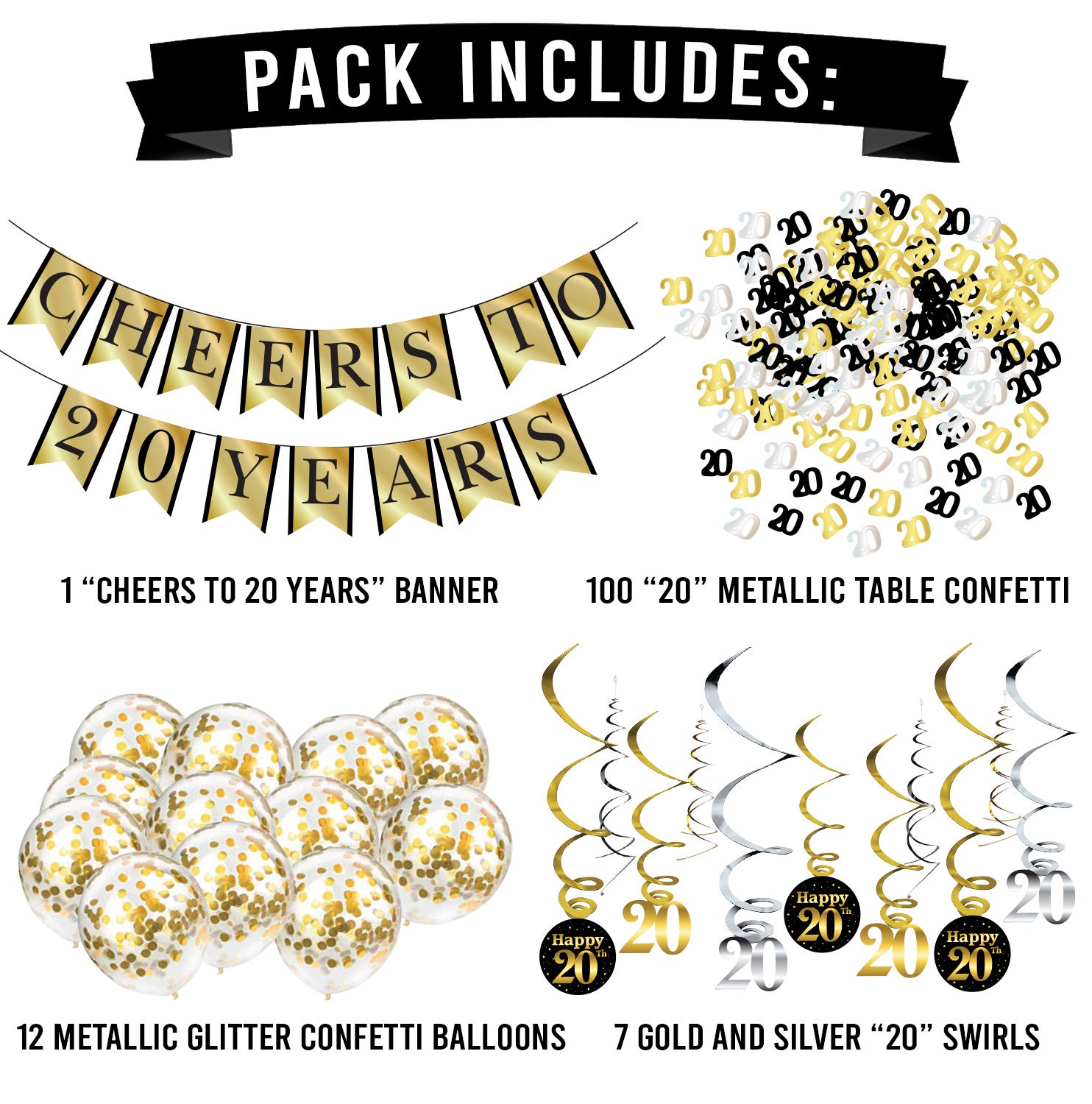 20th Birthday & Anniversary Party Decorations Pack - Cheers to 20 Years Banner, Balloons, Swirls & Confetti Supplies for Milestone Celebrations