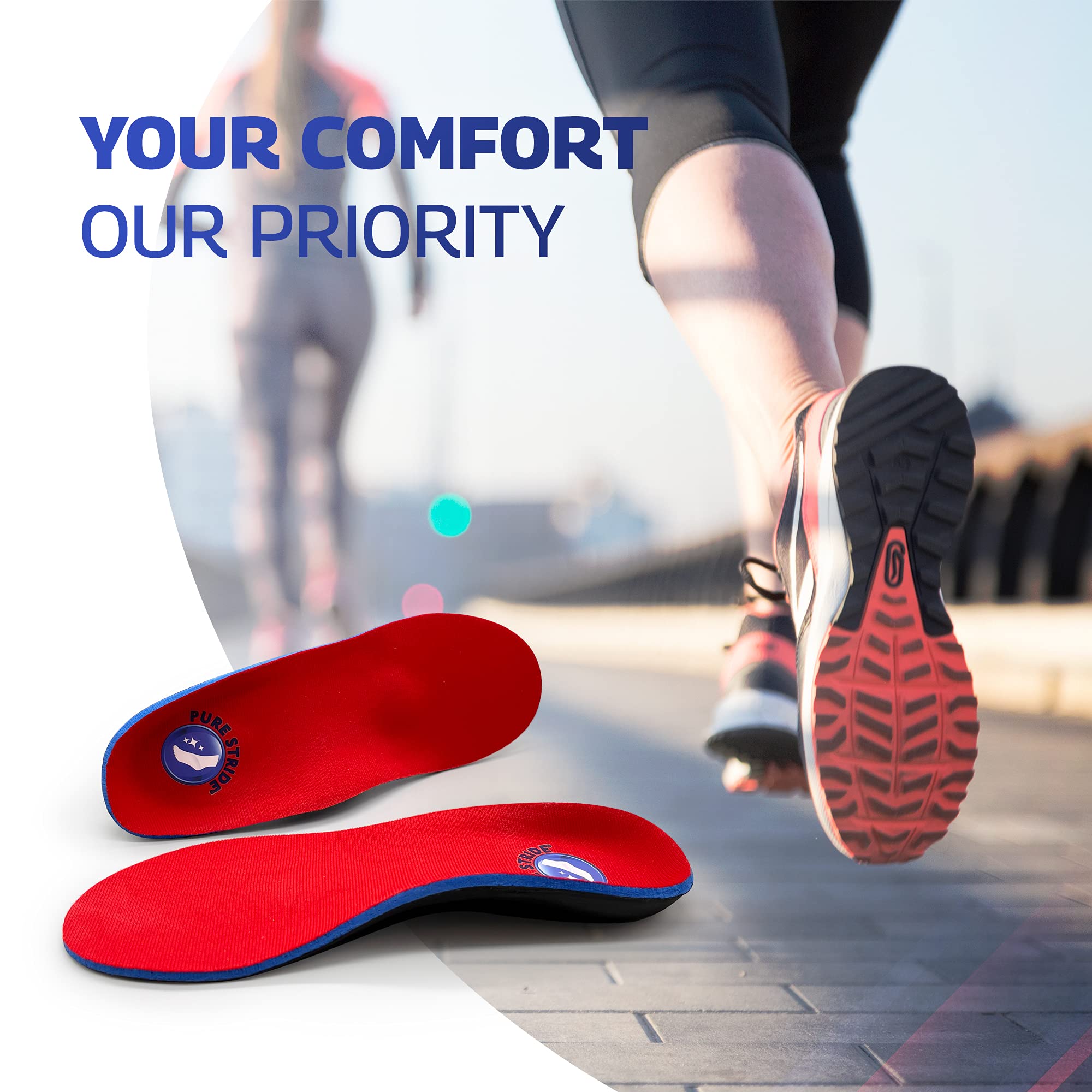 Pure Stride Professional Full Length Orthotic Insoles & Gel Metatarsal Cushions (1 Pair Each) - Arch Support for Men's 7-7.5/Women's 9-9.5 - Foot Pain Relief for Plantar Fasciitis, Flat Feet - Perfect for Running, Walking & Standing All Day