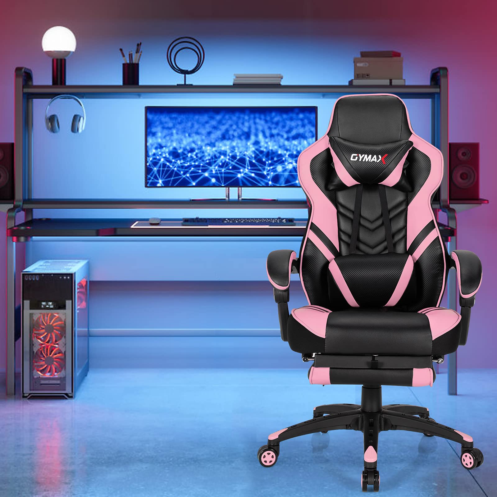 Ergonomic Pink Gaming Chair for Adults & Teens - High Back Reclining Computer Desk Chair with Lumbar Support, Retractable Footrest & Headrest - Perfect for Gaming, Office Work & Home Study
