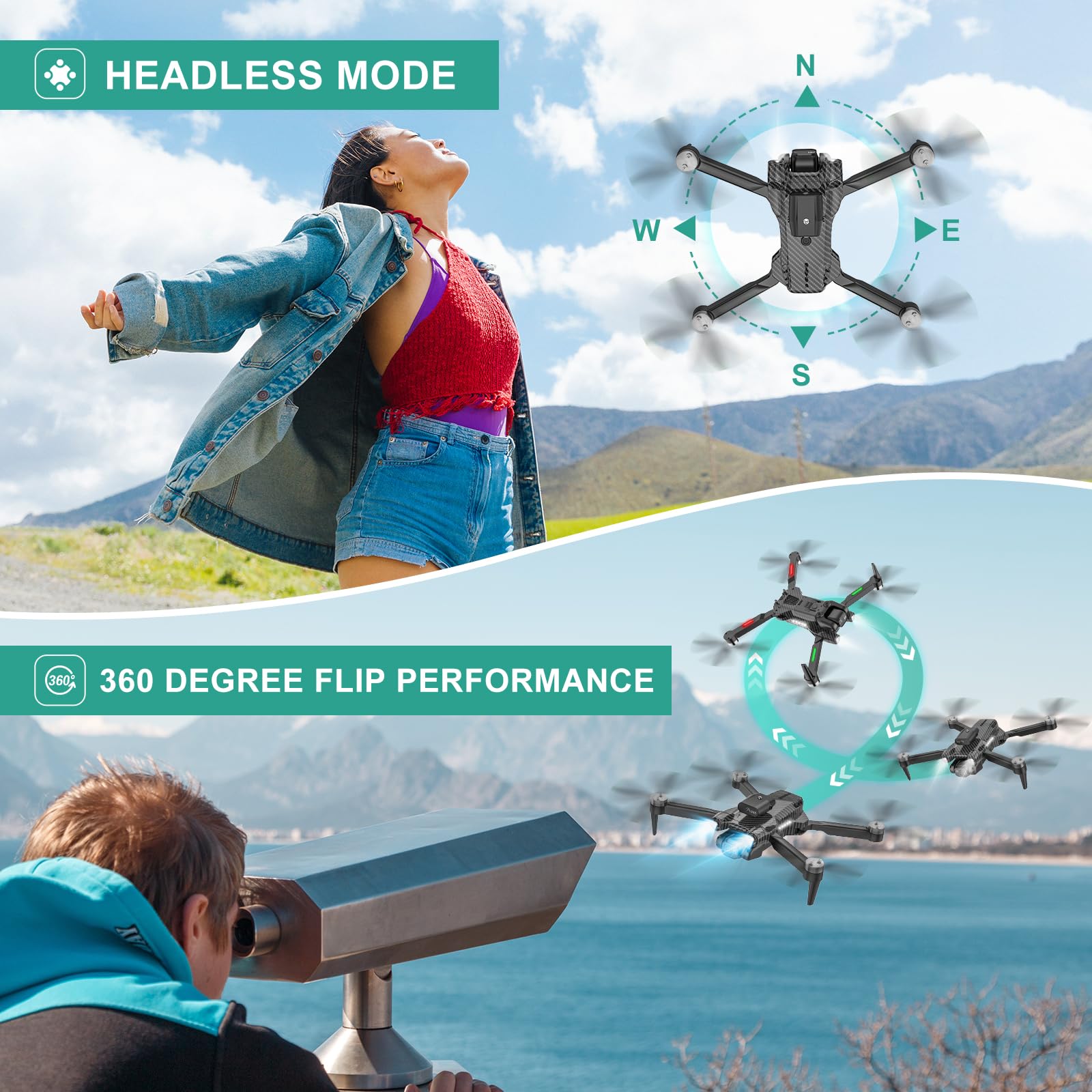 **4K HD Drone with Headless Mode & GPS for Kids - Emergency Stop, 360° Flips, One Key Start, Includes 2 Batteries & Carrying Case - Perfect Wireless Toy for Boys and Girls - Great for Outdoor Adventures, Birthday Gifts, and Aerial Photography**