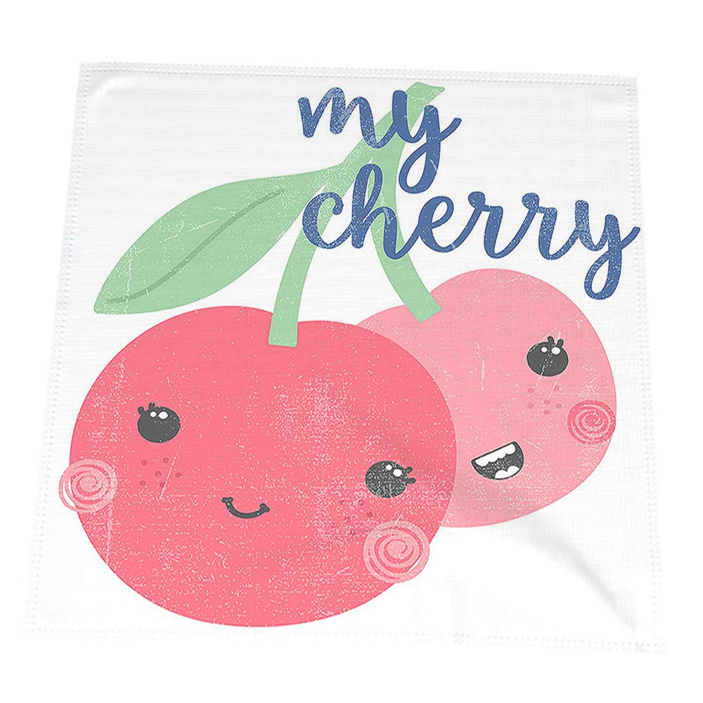 AOYEGO Reusable Cherry Print Napkins - Pack of 2 Square Polyester Cloth (19.6 Inch) for Kitchen, Dining Table, Party Decor & Family Gatherings - Cute Fruit Smile Design with Pink Cherries & Green Leaves