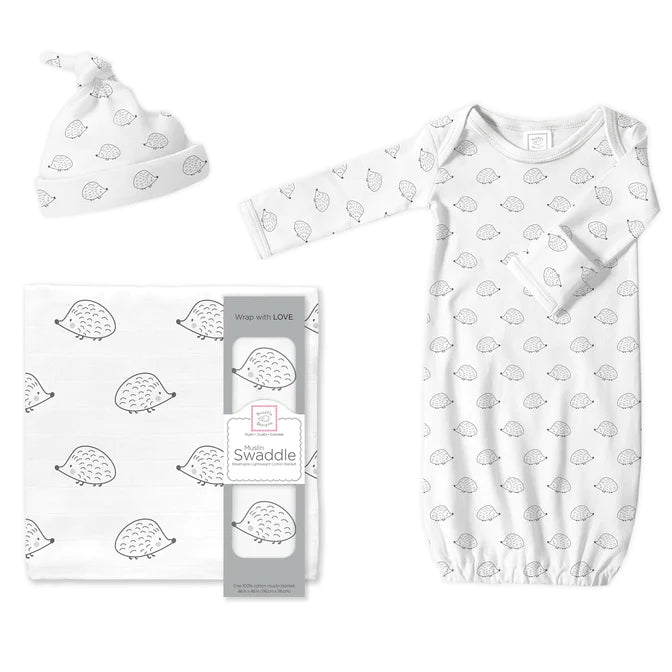 Premium Muslin Swaddle Blanket & Pajama Gift Set for Babies - Soft Hedgehog Print (BGB 0030) | Perfect for Newborn Sleep, Swaddling & Photo Shoots