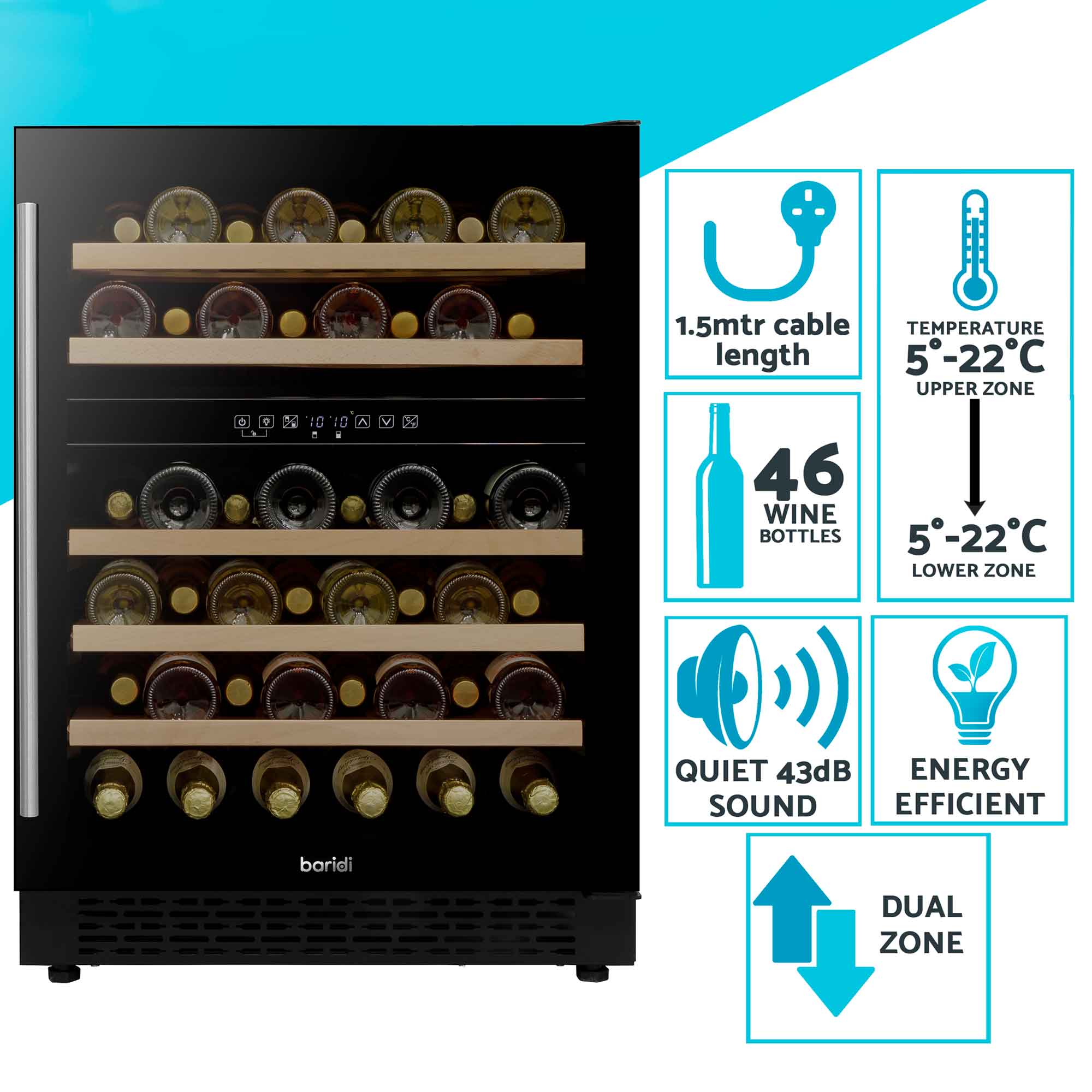 Baridi 46 Bottle Dual Zone Wine Cooler Refrigerator with Digital Touch Screen - Black DH79 | Perfect for Home Bars, Restaurants & Wine Collectors