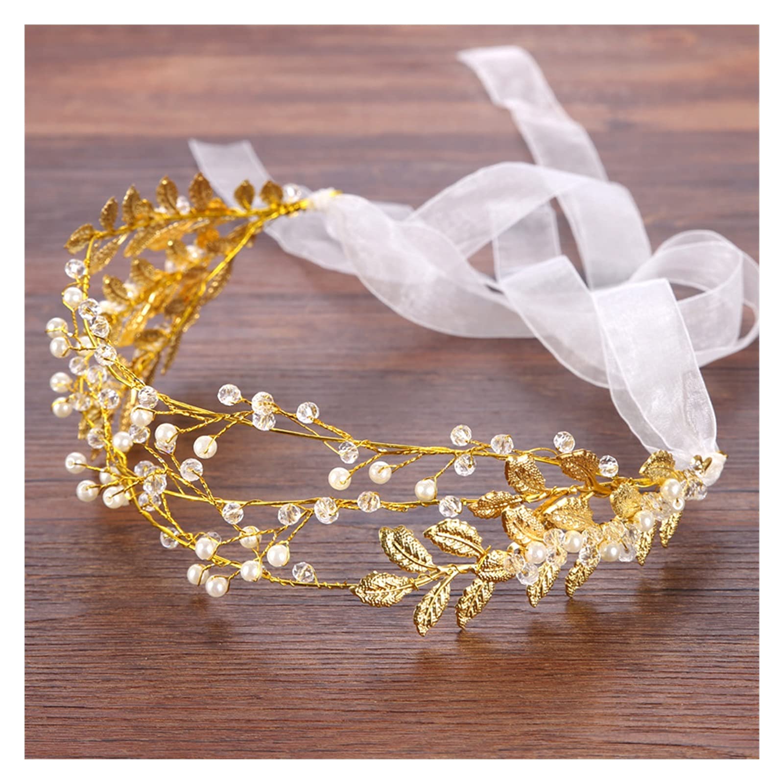 SHANGMAOYO Handmade Gold Leaf Pearl Crystal Bridal Headband - Romantic Wedding Hair Accessories, Bridal Tiara Crown & Headdress for Bride, Bridesmaid, Prom, Pageant & Special Occasions
