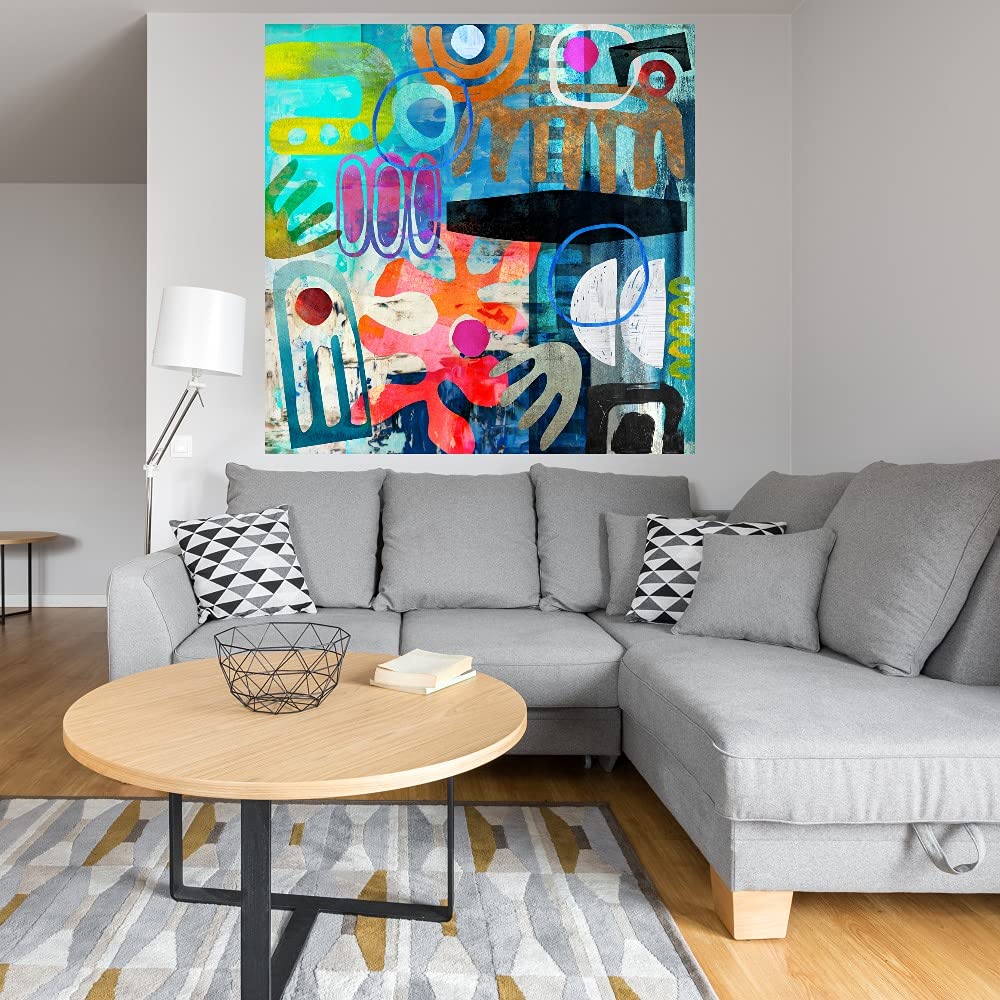 Hand-Painted Tribal Abstract Blue Canvas Wall Art by Nikki Chu - Modern Home Decor for Living Room, Bedroom, Office & More - 32x32 Inch Ready-to-Hang Painting - Perfect for Bohemian, Coastal & Contemporary Interiors