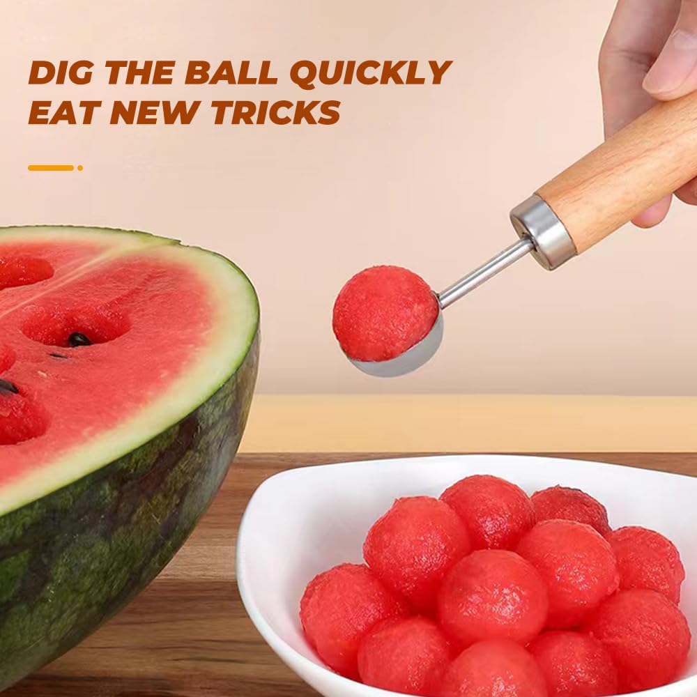 Premium Stainless Steel Fruit Cutter with Wooden Handle - Melon Baller, Cube Cutter & Carving Tool Set for Watermelon, Cantaloupe & Kitchen Fruits | Perfect for Fruit Salads, Party Platters & Creative Food Presentation