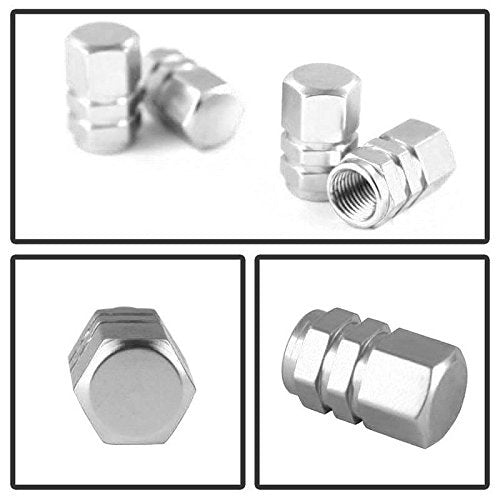 (4 Pack) Silver Anodized Aluminum Tire Valve Caps - Hexagon Racing Style for Cars, Motorcycles & Bikes - Durable Air Stem Caps for Enhanced Style & Protection (Perfect for Tuner Cars, Sports Vehicles & Custom Rides)