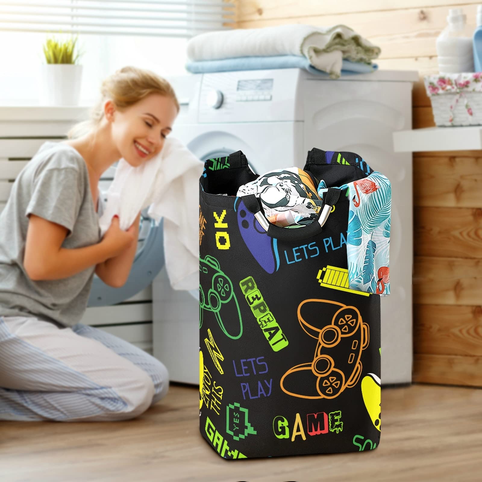 Ollabaky Collapsible Gamepad Laundry Basket - Large Foldable Laundry Hamper with Gaming Joystick Design - Portable Clothes Bin Organizer for Dorm, Bedroom & Bathroom - Perfect for College Students & Gamers (Gaming-Themed Laundry Storage Solution)