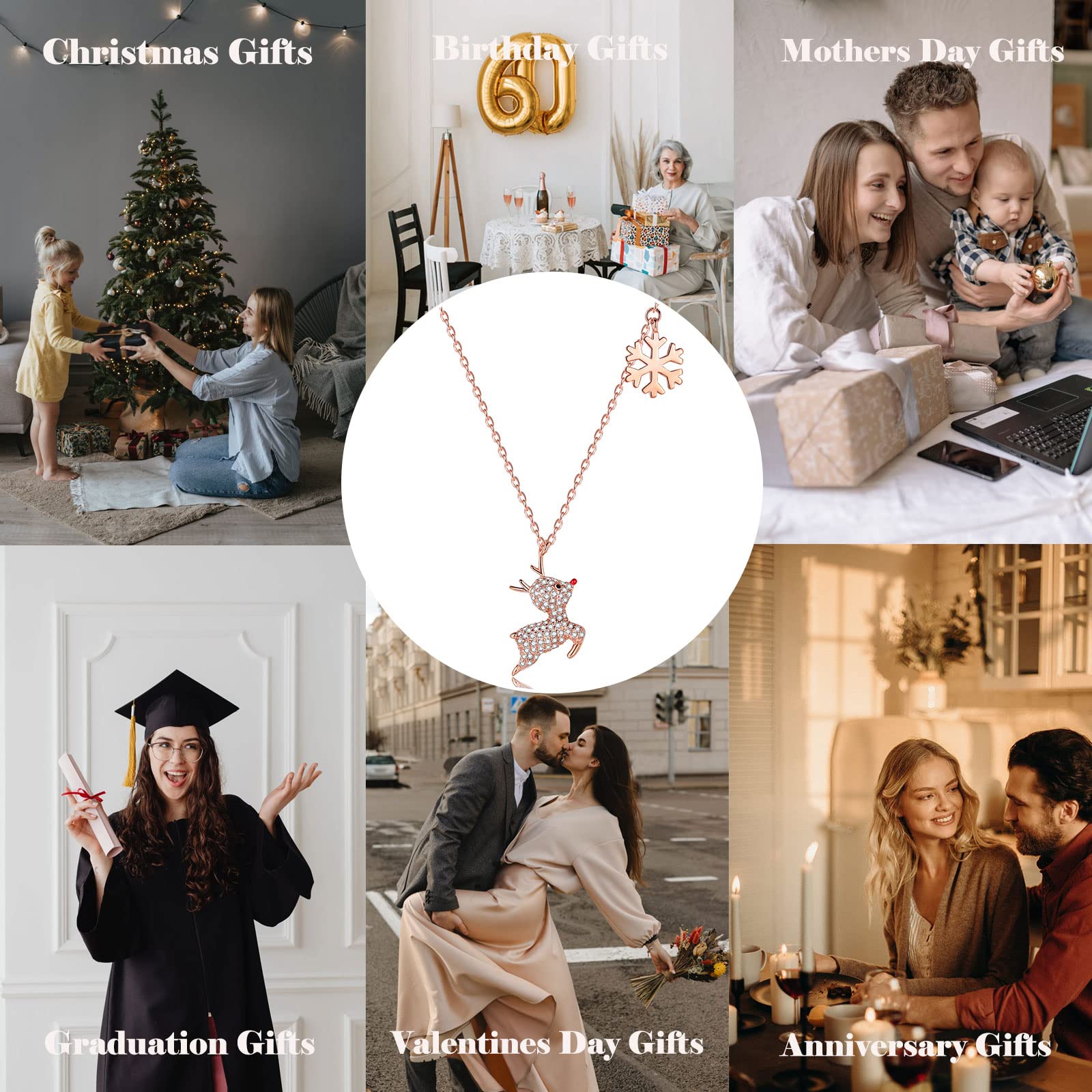 925 Sterling Silver Snowflake Reindeer Pendant Necklace with Cubic Zirconia | Christmas Birthday Thanksgiving Gift for Women & Girls | Elegant Deer Antler Charm Jewelry for Holiday Parties & Special Occasions