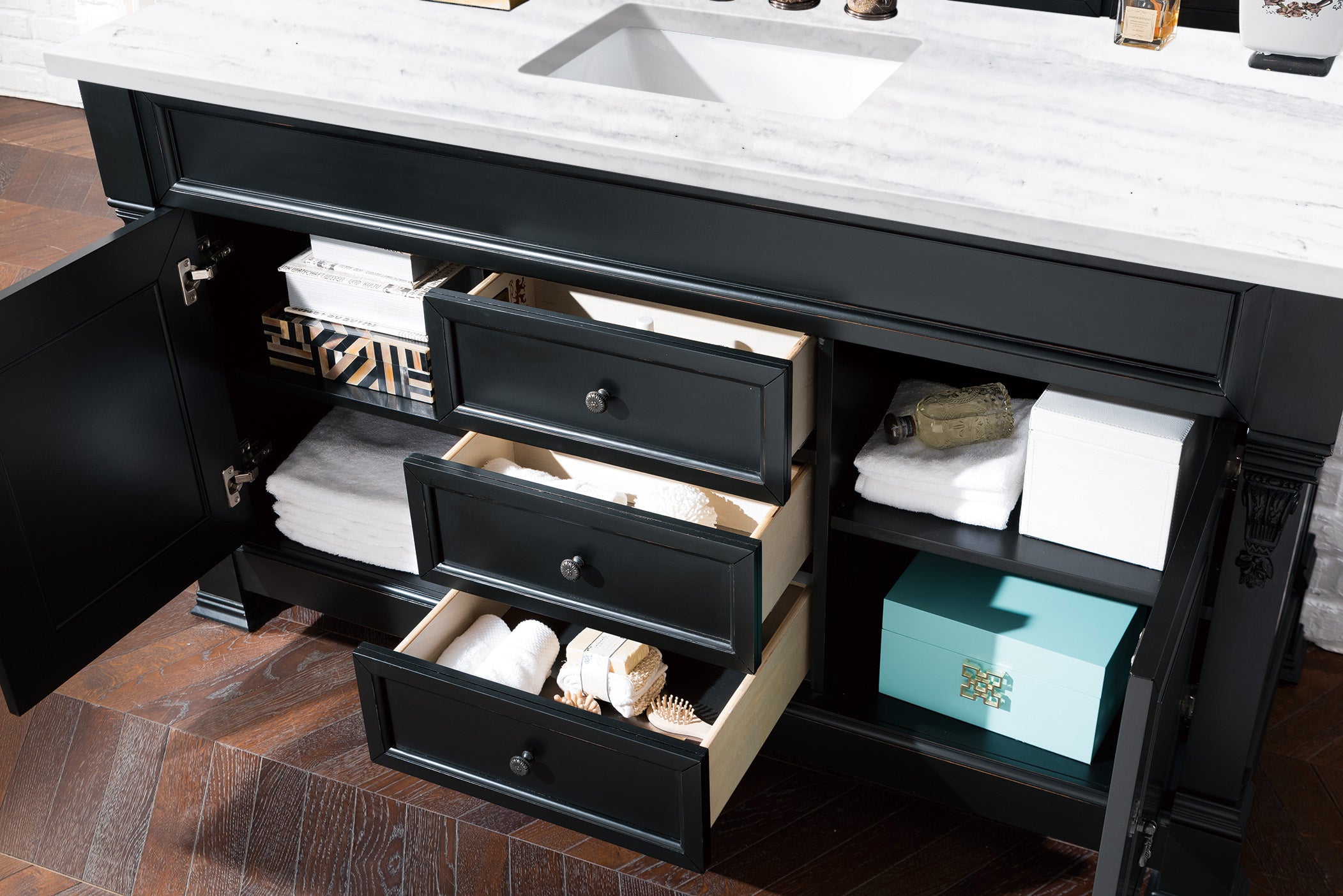Brookfield 60 Inch Single Bathroom Vanity in Antique Black with 3CM Arctic Fall Solid Surface Top - Perfect for Modern and Traditional Bathroom Designs