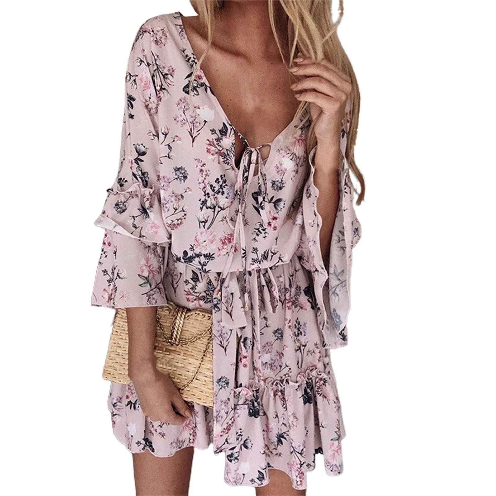 Hislaves Women's Floral Print Mini Dress - V Neck, Midi Waist, Flounce Sleeve Summer Dress for Beach, Vacation, Date Night & Casual Outings