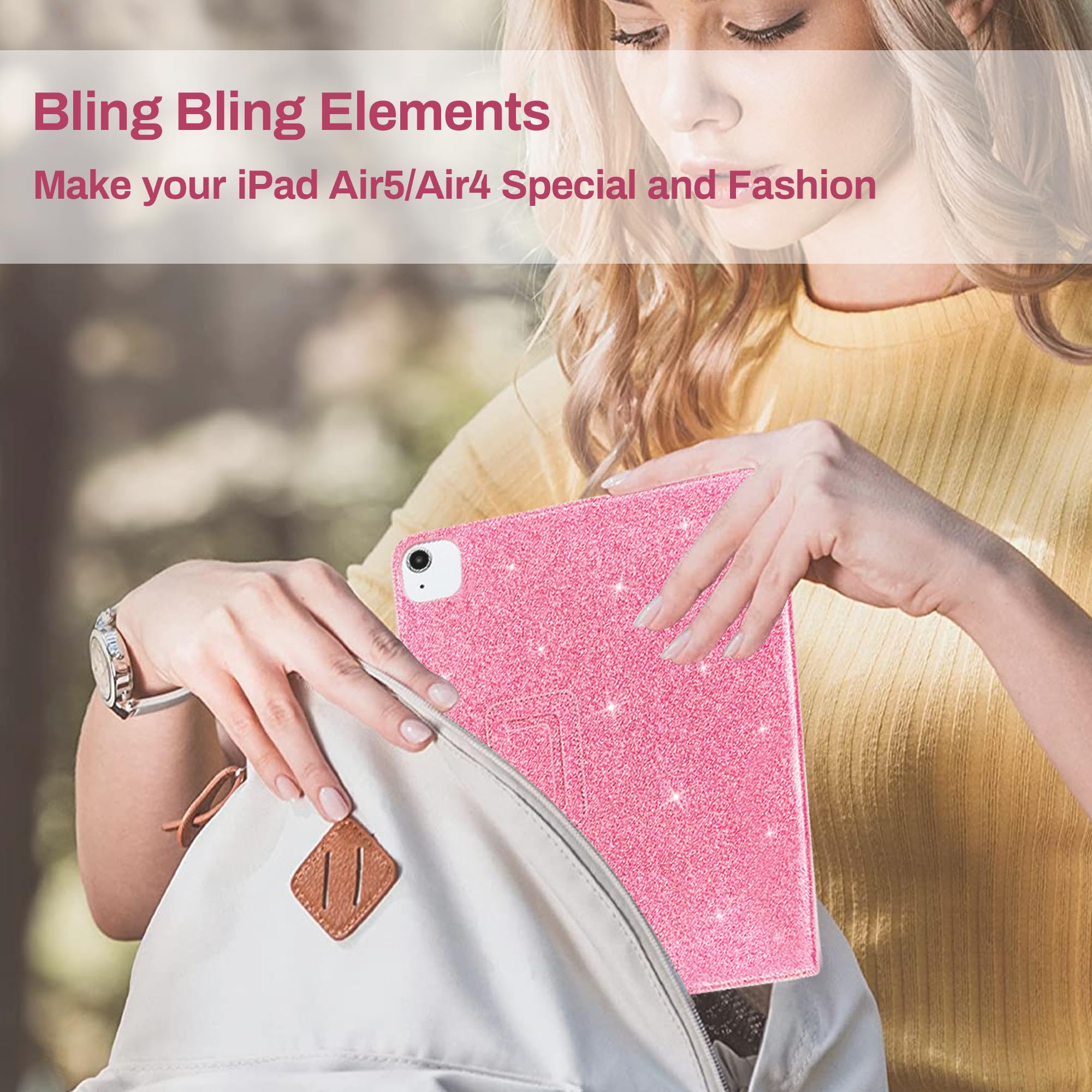 FS FANSONG Glitter iPad Case for iPad Air 11 (2024 M2) & iPad Pro 11-inch (4th/3rd/2nd Gen) - Slim Sparkly Protective Cover with Auto Sleep/Wake - Perfect for Work, School & Travel (Pink)