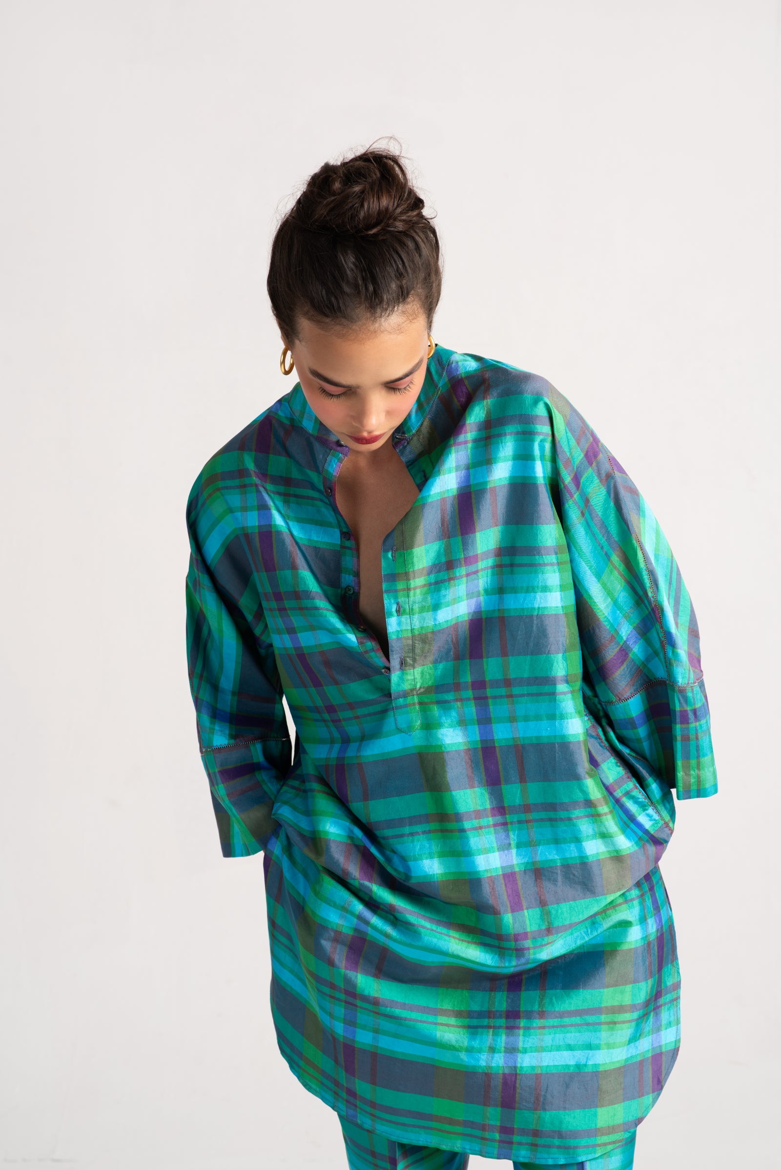 Chandrika Women's Silk Dupioni Checkered Aqua Trousers - Elegant & Comfortable for Office, Party & Special Occasions