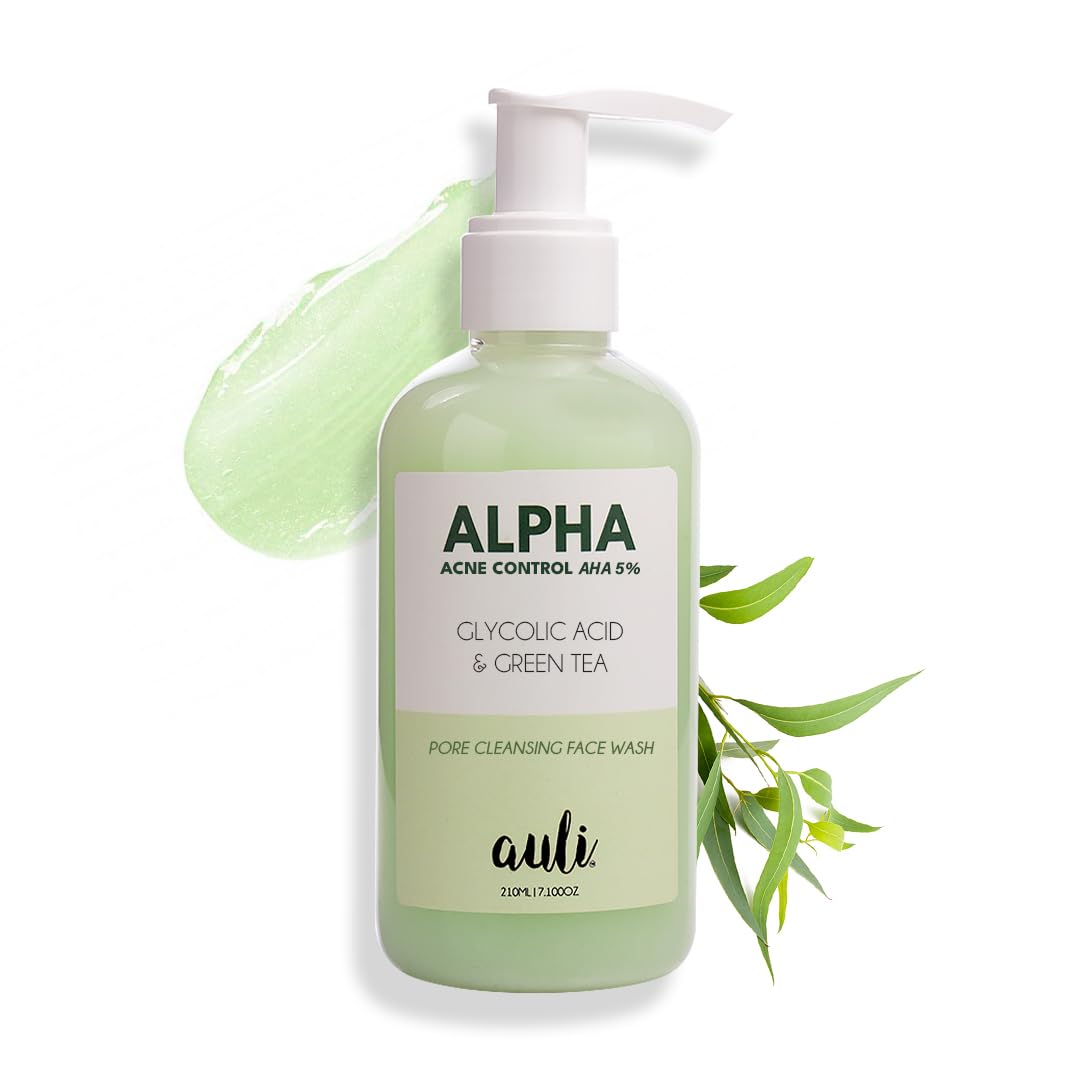 AULI LIFESTYLE Glycolic Acid 5% & Green Tea Pore Cleansing Face Wash - Reduces Acne, Controls Oil & Balances pH | Suitable for All Skin Types | Men & Women | Ayurvedic Formula | 210ml | Perfect for Daily Skincare & Post-Workout Cleansing