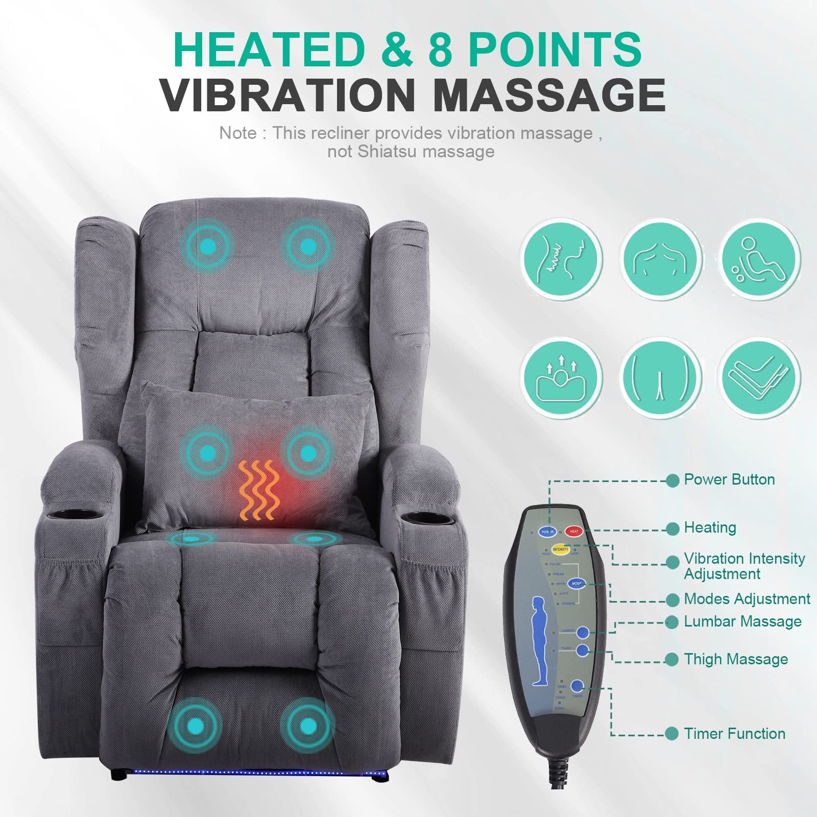 2PC Power Recliner Chair Set with Massage & Heat - Home Theater Seating with LED Lights & USB Ports, Reclining Sofa Chairs for Living Room, Game Room or Movie Theater - Includes Cup Holders & Remote Control - Perfect for Relaxing, Gaming & Movie Nights