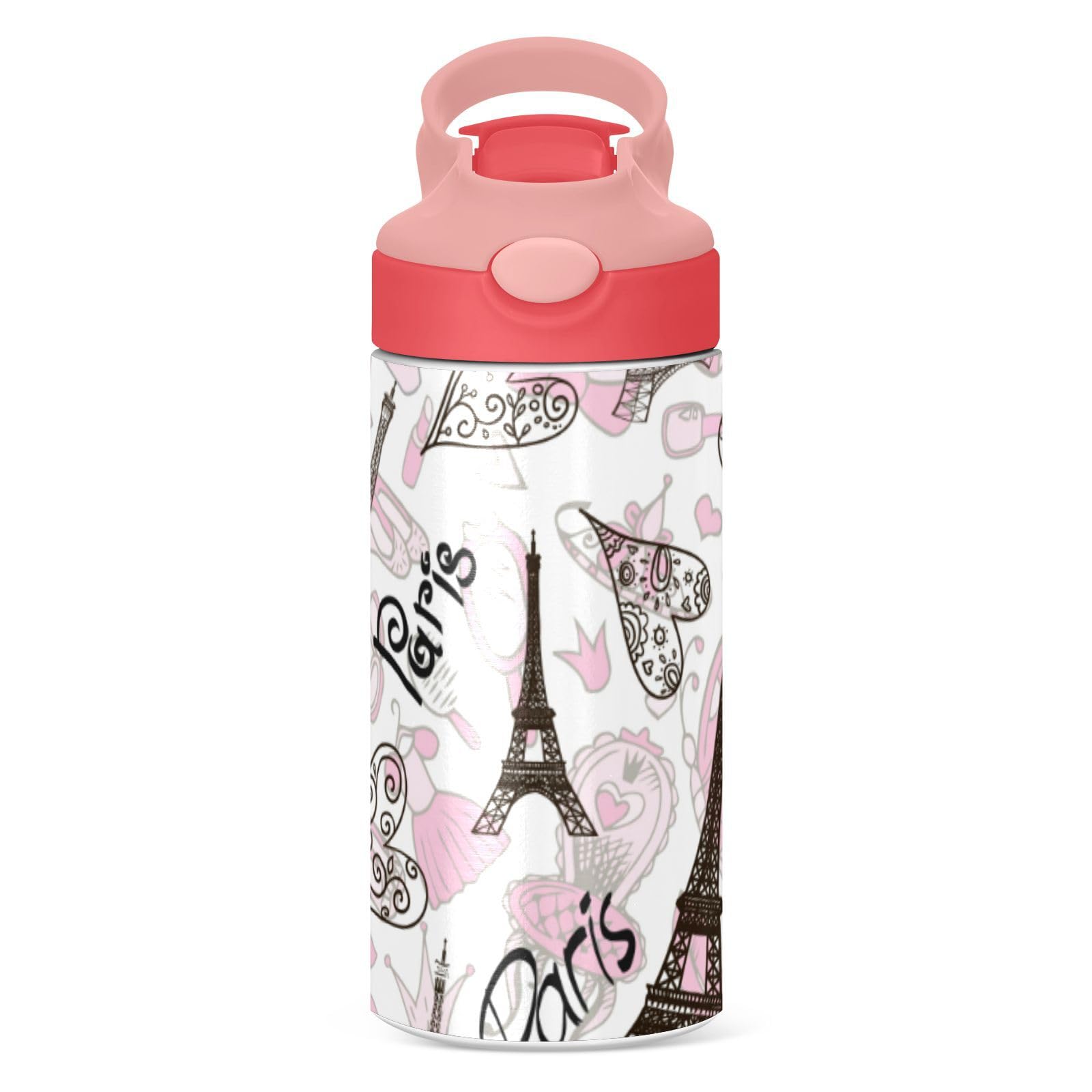 Paris Eiffel Tower Kids Water Bottle - 12oz Insulated Stainless Steel Thermos with Straw Lid, BPA-Free & Leakproof for Boys & Girls - Perfect for School, Travel & Outdoor Activities
