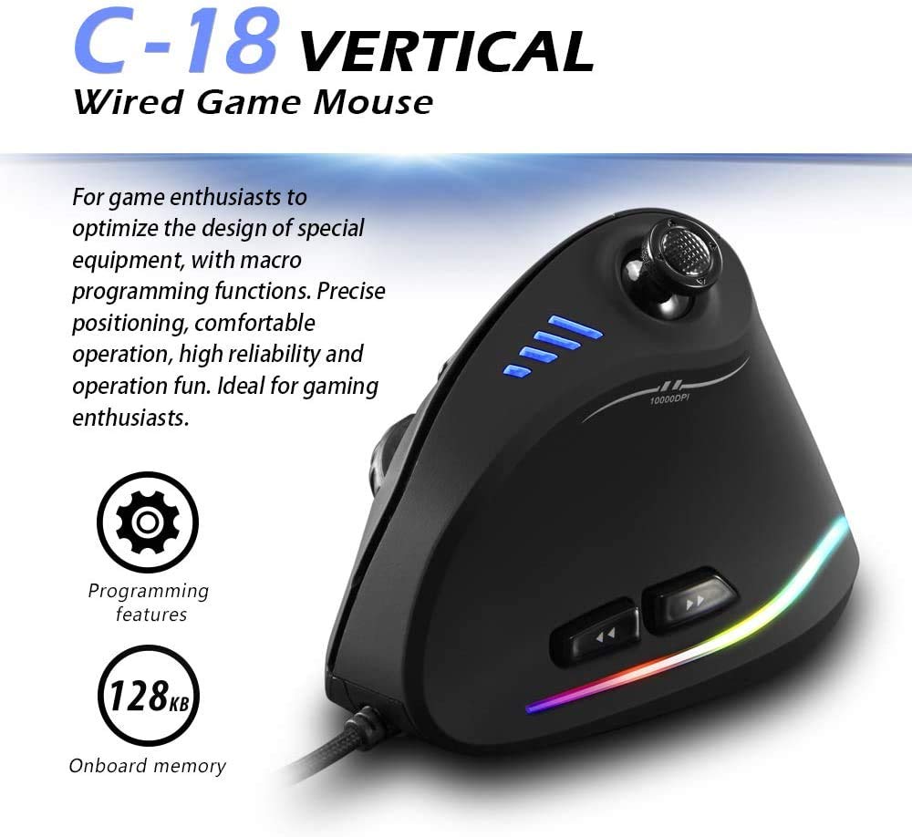Zelotes Wired Gaming Mouse with Joystick - 10000 DPI, 11 Programmable Buttons, RGB Lighting, Ergonomic Vertical Design for PC, Mac, Laptop - Perfect for FPS, MMO Gaming & Office Work (Black)
