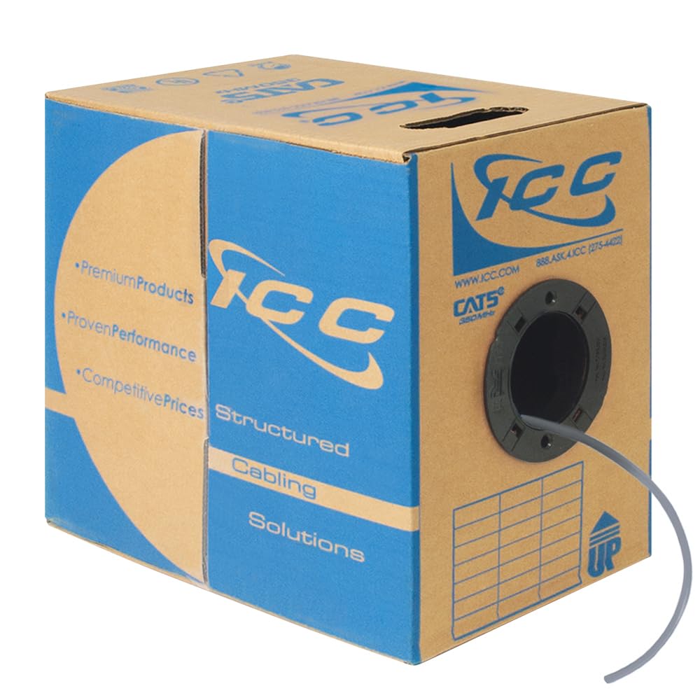ICC Cat5e CMP Plenum 1000ft UTP 24AWG Solid Pure Copper Ethernet Cable | UL Certified True Plenum | PoE++ 350MHz | Reelex No Tangle Pull Box | Made in USA | NEC Compliant | Gray | Ideal for Office Networks, Data Centers & High-Speed Internet Installations