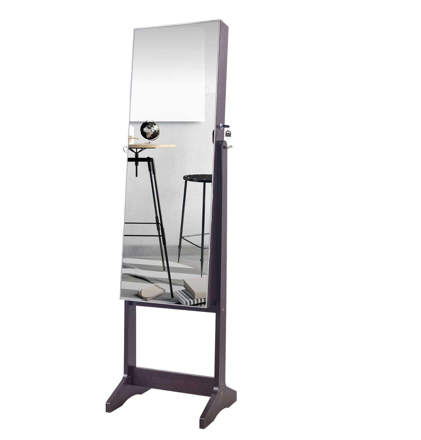 OUTDOOR DOIT Wooden Jewelry Organizer Cabinet with Full-Length Mirror - Lockable Standing Jewelry Box with Large Storage Space, Jewelry Armoire for Bedroom & Closet (Brown) | Perfect for Organizing Necklaces, Rings & Accessories