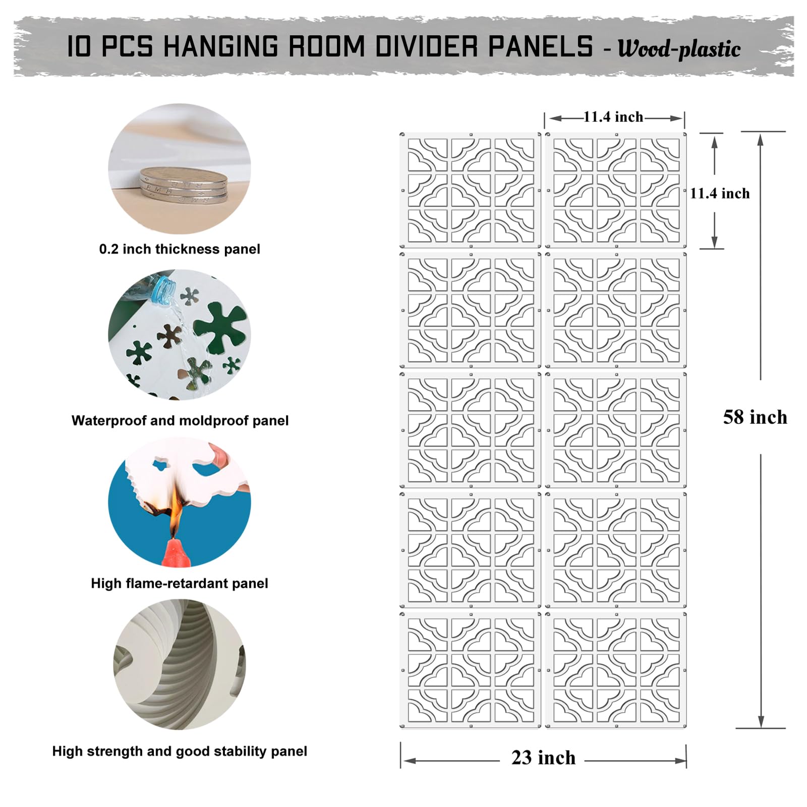 10-Piece White Wood-Plastic Hanging Room Divider Panel - DIY Privacy Screen for Bedroom, Hotel, Office & Home Decor | Space-Saving Partition Solution