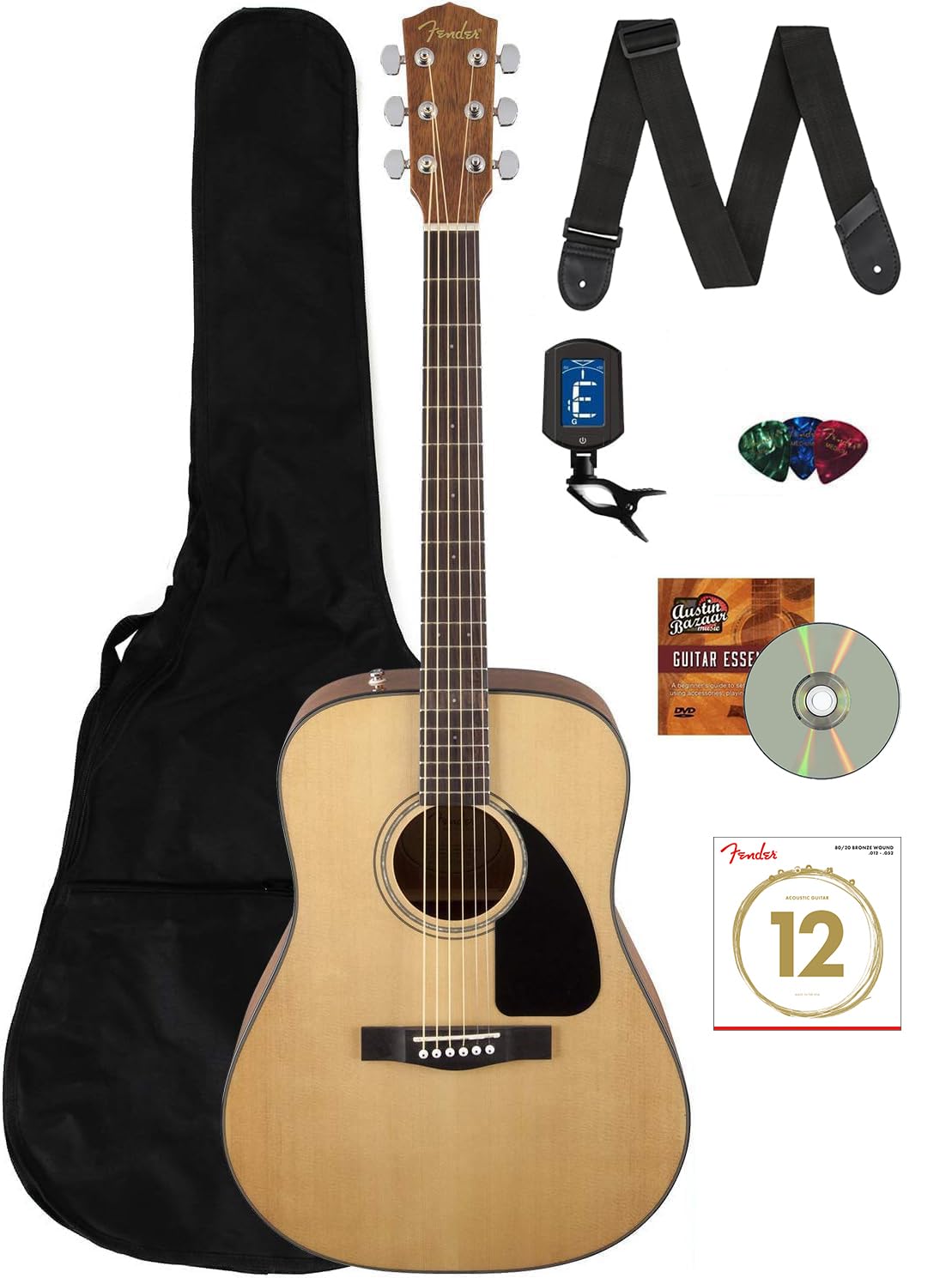 Fender CD-60 Dreadnought Acoustic Guitar Natural Bundle - Includes Gig Bag, Tuner, Strap, Strings, Picks & Instructional Book/DVD | Perfect for Beginners, Campfire Jams & Home Practice