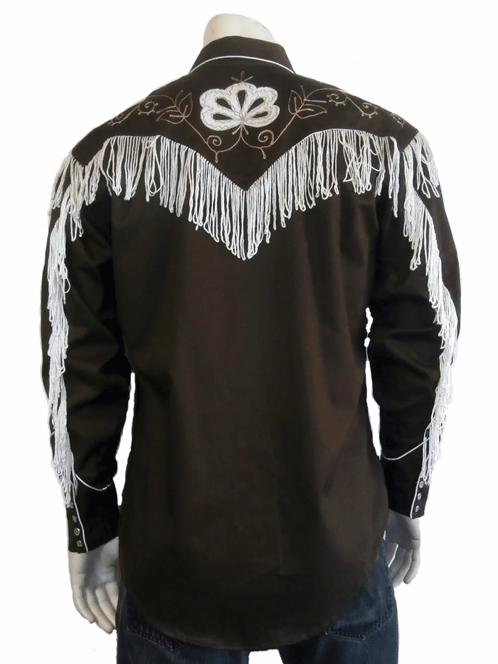 Rockmount 6723 Brown Mens Vintage Fringe Embroidered Western Shirt - Cowboy Style Button Up for Country Music Festivals & Rodeo Events