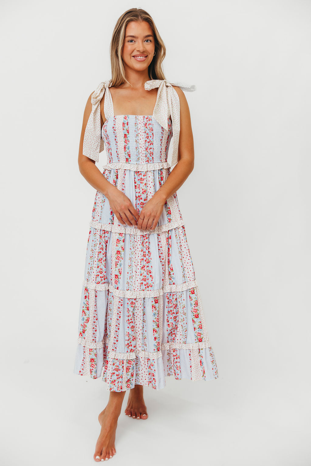 Maley Women's Blue Cotton Poplin Floral Maxi Dress with Tie Straps - Perfect for Summer Beach Vacations & Boho Chic Outfits