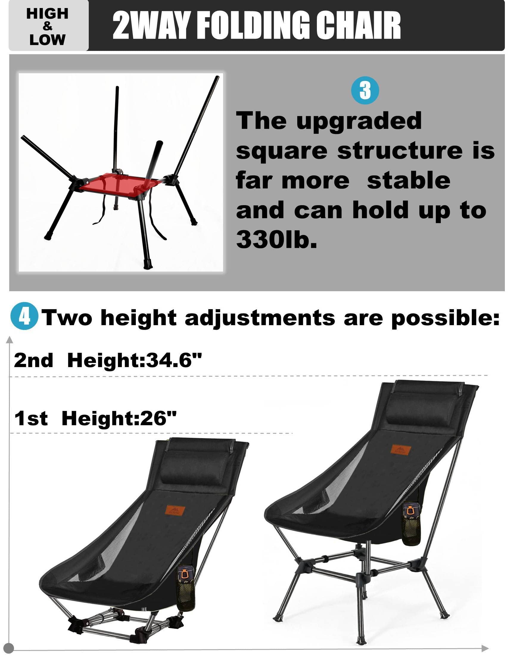 Portable Folding Camping Chair with Side Pocket & Headrest - Lightweight Compact 2-Way Backpacking Chair for Outdoor, Beach, Hiking, Picnics and Travel (Black) - Perfect for Camping Trips, Beach Relaxation and Outdoor Adventures