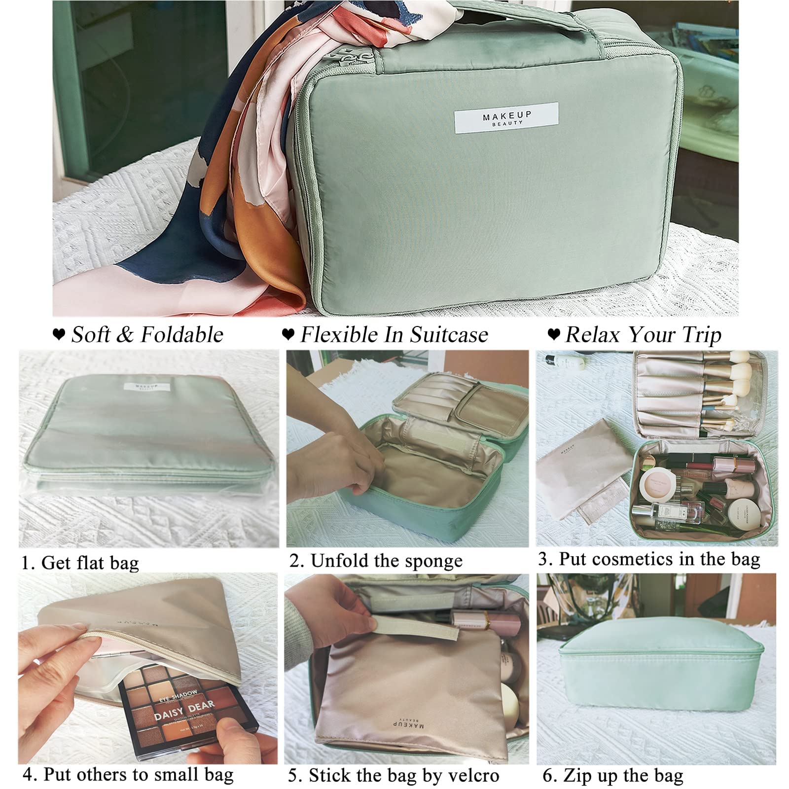 AUSEKALY 2-Piece Cute Large Makeup Bag Set with Brush Pouch & Small Cosmetic Bag for Women | Travel Toiletry Organizer | Perfect for Vacation, Gym, and Daily Beauty Essentials (Green)