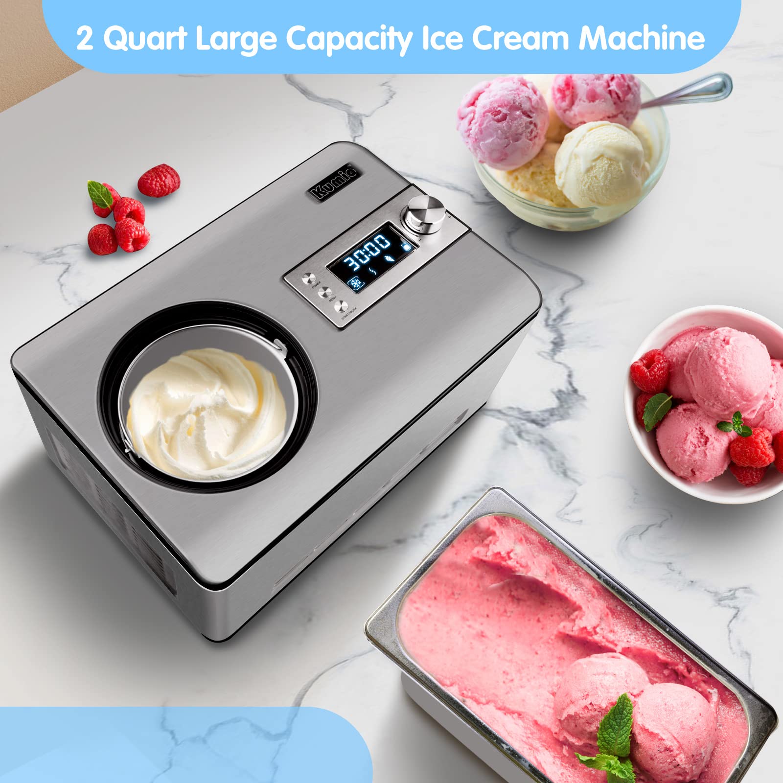 KUMIO 2.2-Quart Automatic Ice Cream Maker with Built-in Compressor - No Pre-Freezing Required, Stainless Steel Electric Ice Cream & Yogurt Machine with LCD Display & Timer, 180W - Perfect for Homemade Gelato, Sorbet, Frozen Yogurt & Fruit Desserts