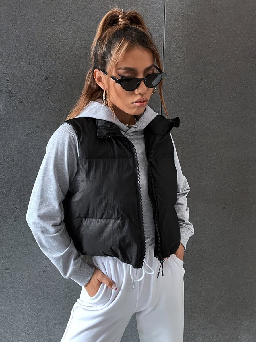 TINMIIR Women's Puffer Jacket - Zip Front Crop Vest Puffer Coat in Black (Size XS) | Winter Outerwear for Casual Outings & Street Style Fashion