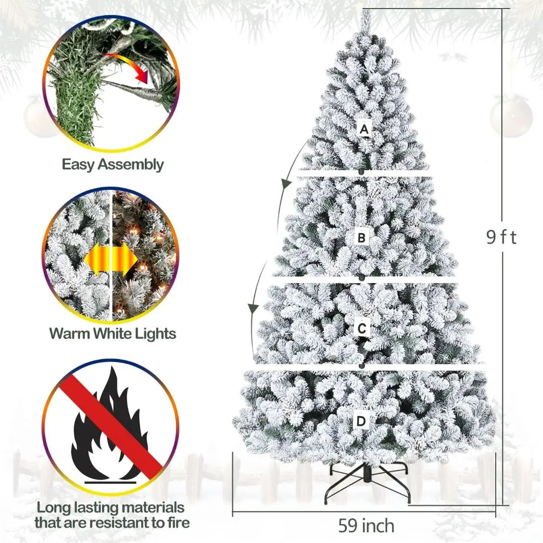 6'/7.5'/9' Flocked Snow Christmas Tree with Pine Cones & Warm White LED Lights - Hinged Branches & Sturdy Metal Stand for Holiday Home Decor, Office, and Party Decoration