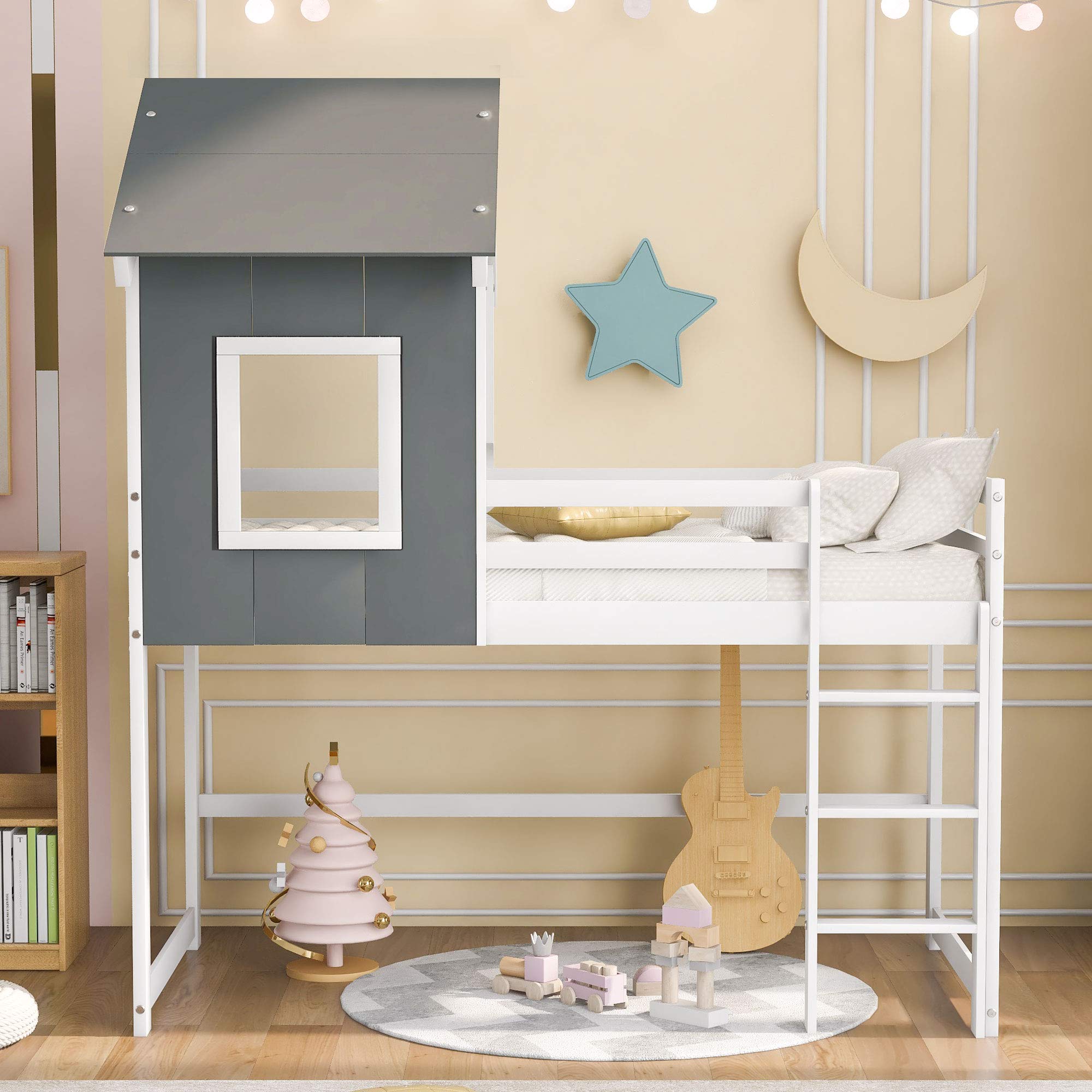 Kteam Twin Size Wood Loft Bed with Roof, Stairs & Guard Rail - Grey & White - Space-Saving Kids Bedroom Furniture for Small Rooms & Dormitory
