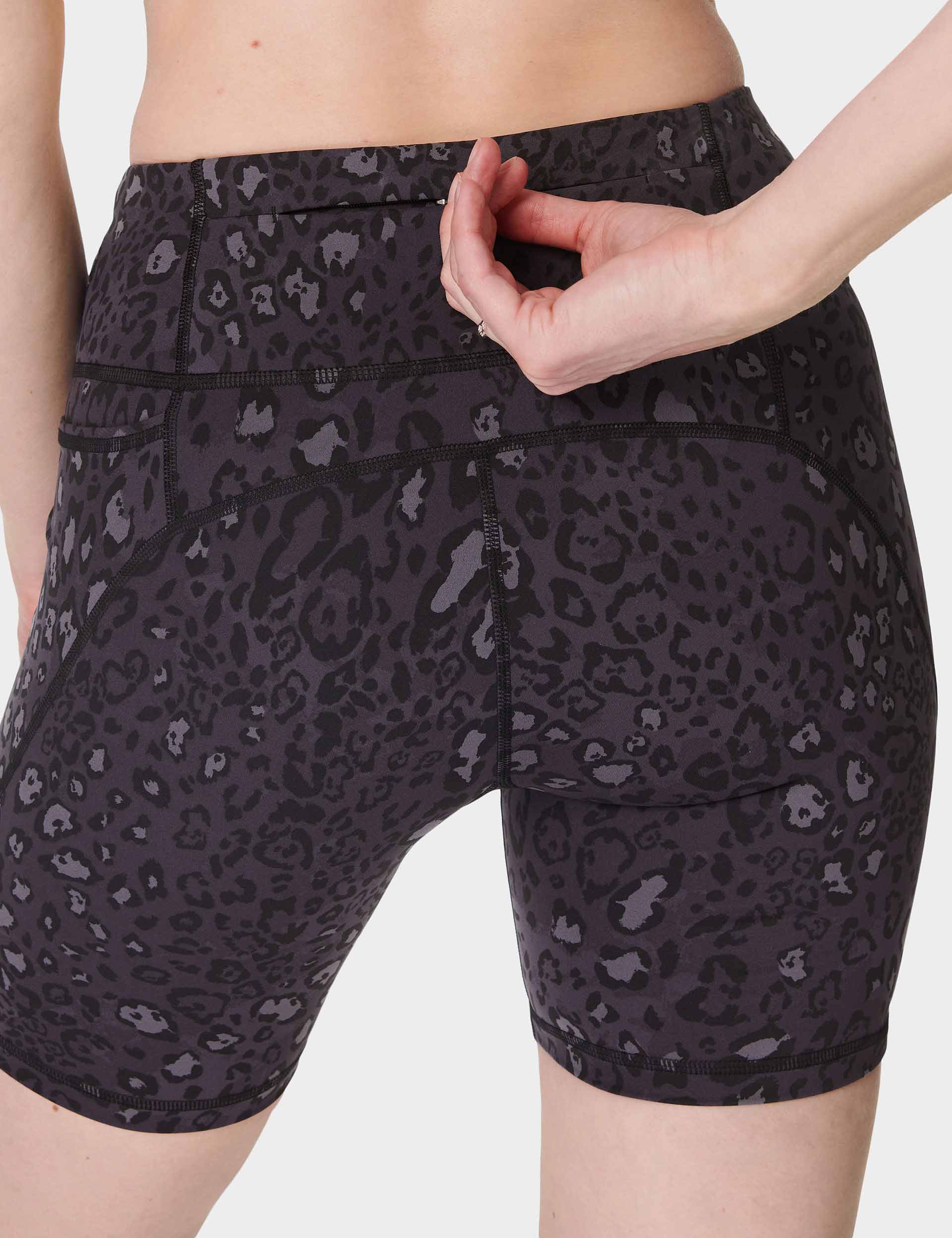 Power 6 Cycling Shorts - Black Luxe Leopard Print Bike Shorts for Women | High Waist Breathable Workout Shorts | Perfect for Cycling, Gym & Outdoor Activities