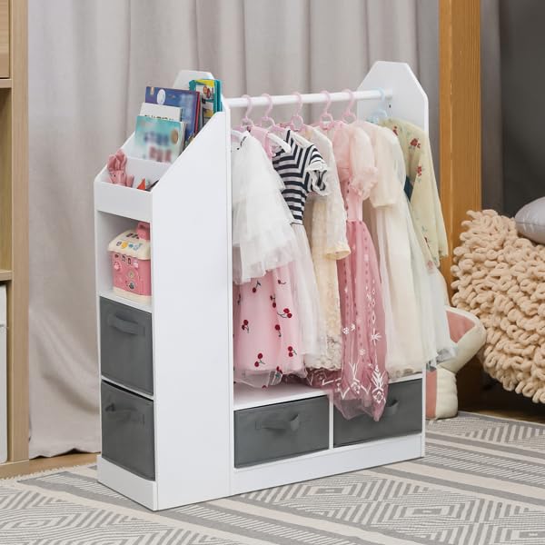 Kids Dress Up Storage Organizer with Mirror & 4 Drawers - Pretend Play Costume Dresser & Hanging Closet for Little Girls (White) | Perfect for Bedroom, Playroom & Birthday Gifts