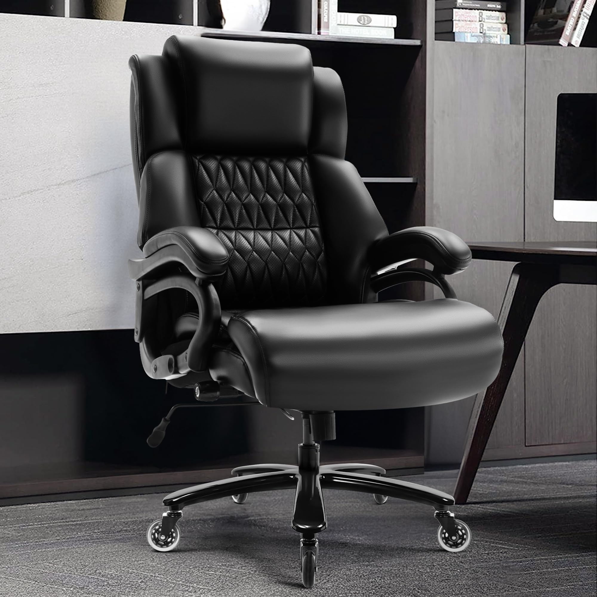 Heavy Duty Big and Tall Office Chair 400lbs Capacity - Adjustable Lumbar Support, Quiet Rubber Wheels, Ergonomic High Back Design for Back Pain Relief - Executive Computer Desk Chair with Thick Padding & Durable Metal Base (Black) - Perfect for Home Office, Gaming, and Long Work Sessions