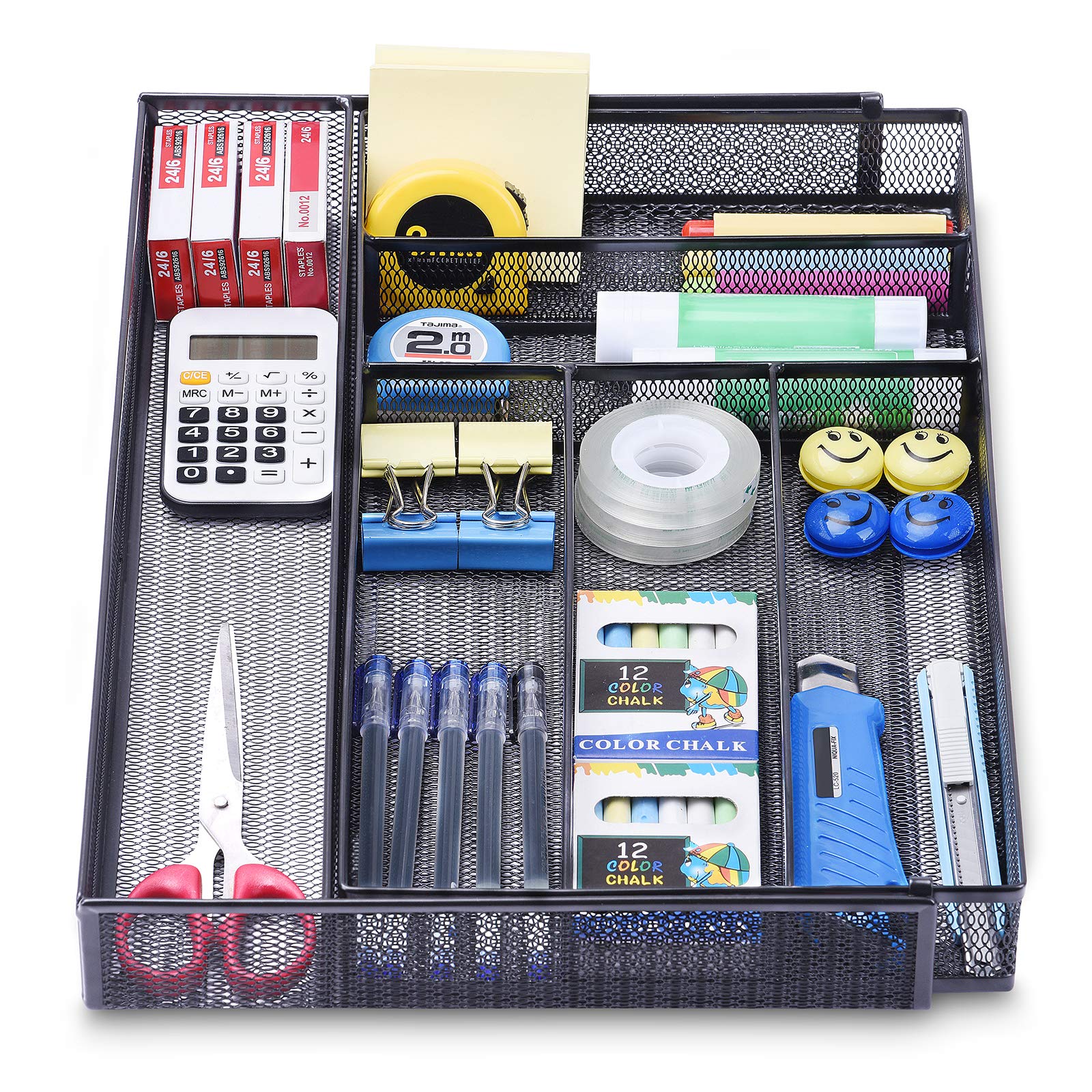 WuGeShop Expandable Mesh Desk Organizer with 7 Compartments - Metal Office Supplies Storage Tray for Desk Drawer, Black | Perfect for Home Office, Workspace & School Organization