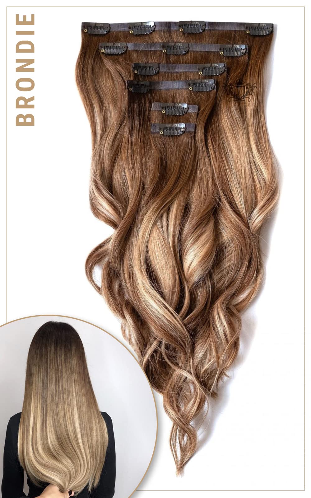 Brondie 20 Inch Seamless Clip-In Human Hair Extensions - 160g Natural Black Rooted Hair for Volume & Length - Perfect for Parties, Weddings & Daily Styling