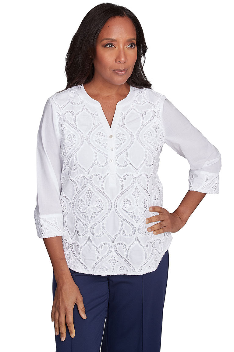 Nantucket Damask Lace Blouse for Women - Elegant Floral Embroidered Tops - Perfect for Summer Beach, Date Night & Office Wear