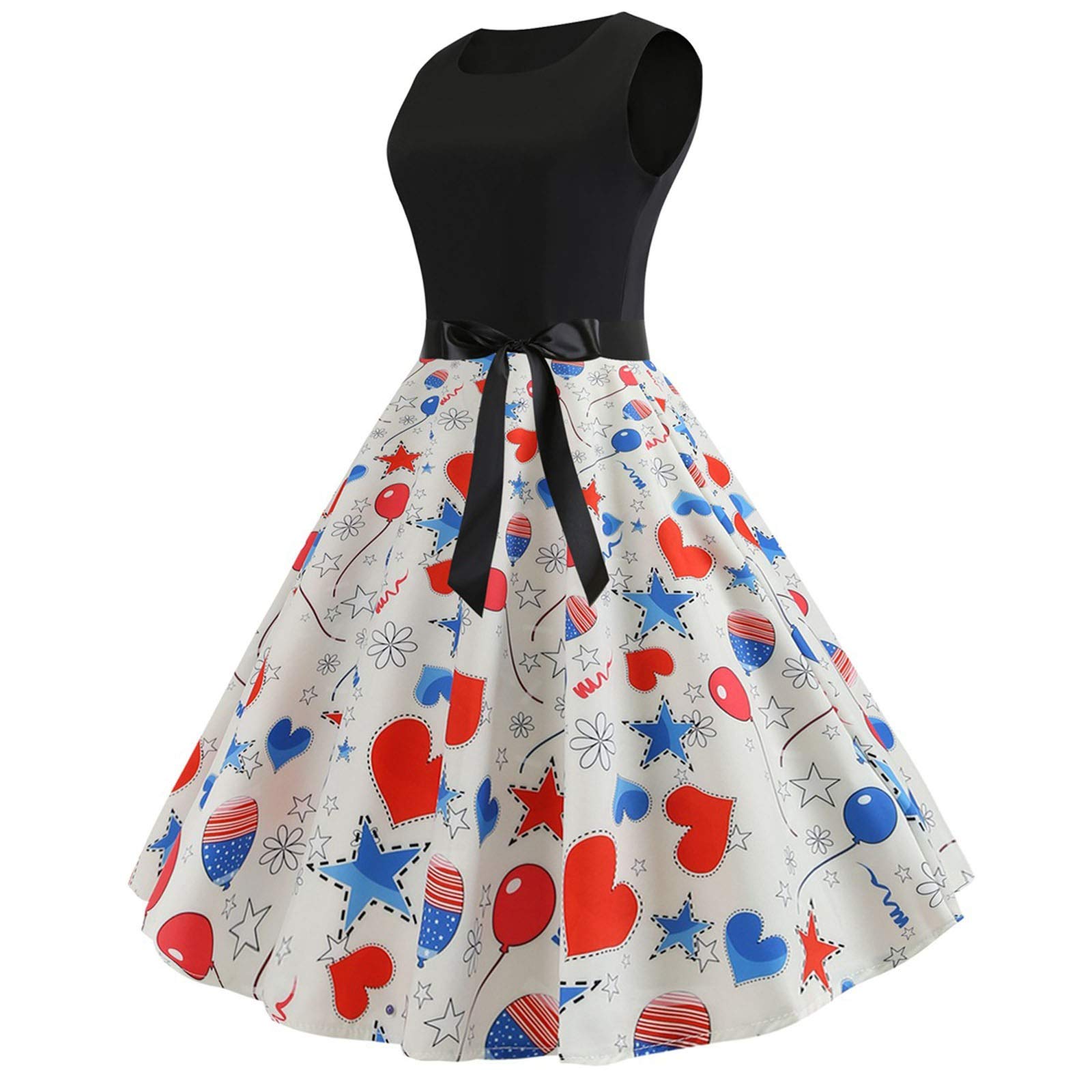 Tantisy Women's Trendy Patriotic Scoop Neck Sleeveless Ball Gown Dress with Natural Waist & Black Ribbon - Perfect for 4th of July Parties, Prom, Homecoming & Formal Events