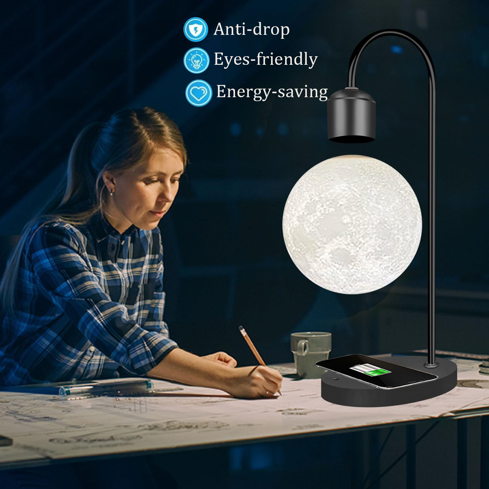 Zero Gravity Floating Moon Lamp - Magnetic Levitating LED Night Light with Wireless Charging Pad, Black Plastic Desk Decor for Home, Office & Gifts | Bedroom, Living Room, Nursery Night Light