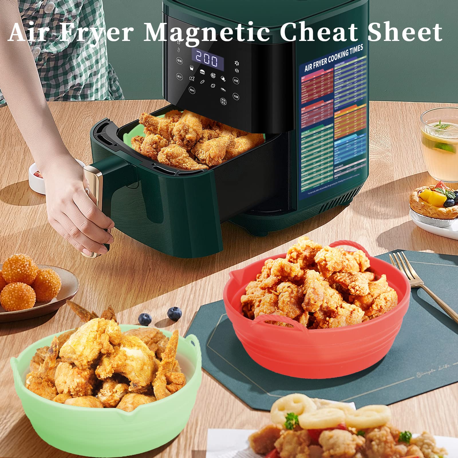 **Non-Stick Silicone Air Fryer Liners 7.5 Inch (2-Pack) – Reusable, Heat-Resistant Basket for 3-5 Qt Air Fryers – Includes Magnetic Cheat Sheet (Red & Green) – Perfect for Healthy Cooking, Meal Prep & Easy Cleanup**