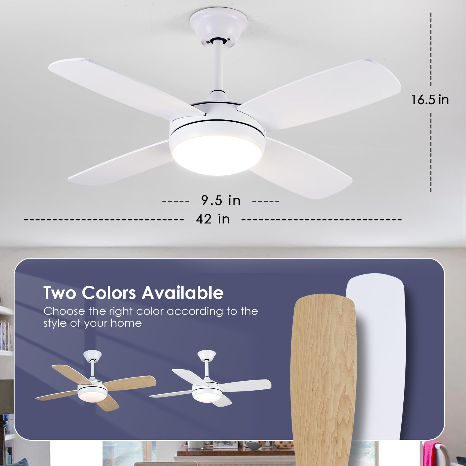 Asyko 42 Inch Modern Ceiling Fan with Light - Remote & Smart APP Control, 6 Speeds with Memory Function, Low Profile Flush Mount - Perfect for Bedroom, Living Room, Dining Room & Home Office