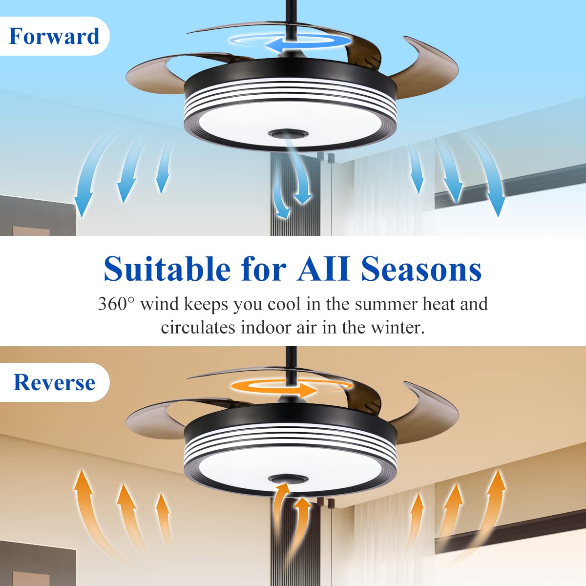 42 Inch Modern Retractable Ceiling Fan with Lights - 6 Speed Dimmable Smart Fandelier, Bluetooth Speaker & RGB Lighting, Remote Control (Black) - Perfect for Living Room, Bedroom & Outdoor Patio - Buy 1 Get 1 Free Spare Part