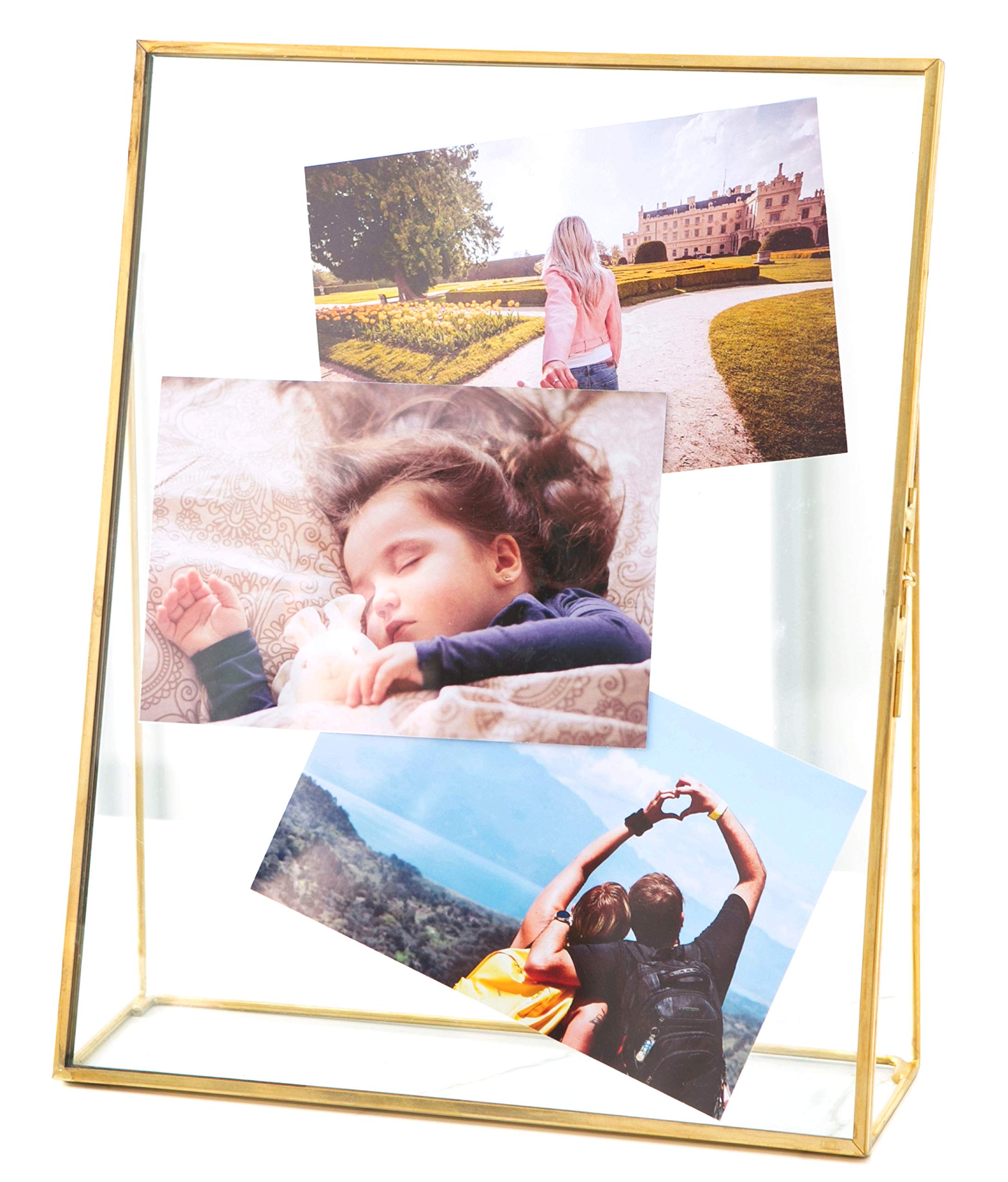 Large Rectangle Gold Picture Frame - 9.5x11.5 Inch Double Glass & Golden Metal Photo Frame for Family Photos, Desk, Vanity, Dresser | Nordic Home Decor for Bedroom, Living Room, Office & Gift Giving